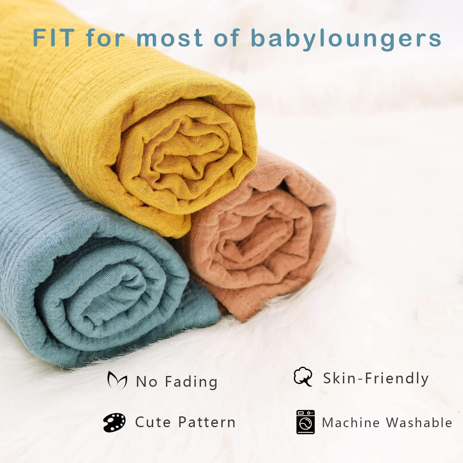 Muslin Baby Lounger Cover 4 Pcs, Soft Cotton Slipcover for Infant Padded Lounger Comfortable Lounger Pillow Case Newborn Floor Seat Cover for Babies Boys Girls (White/Gray/Blue/Ginger) image number 2