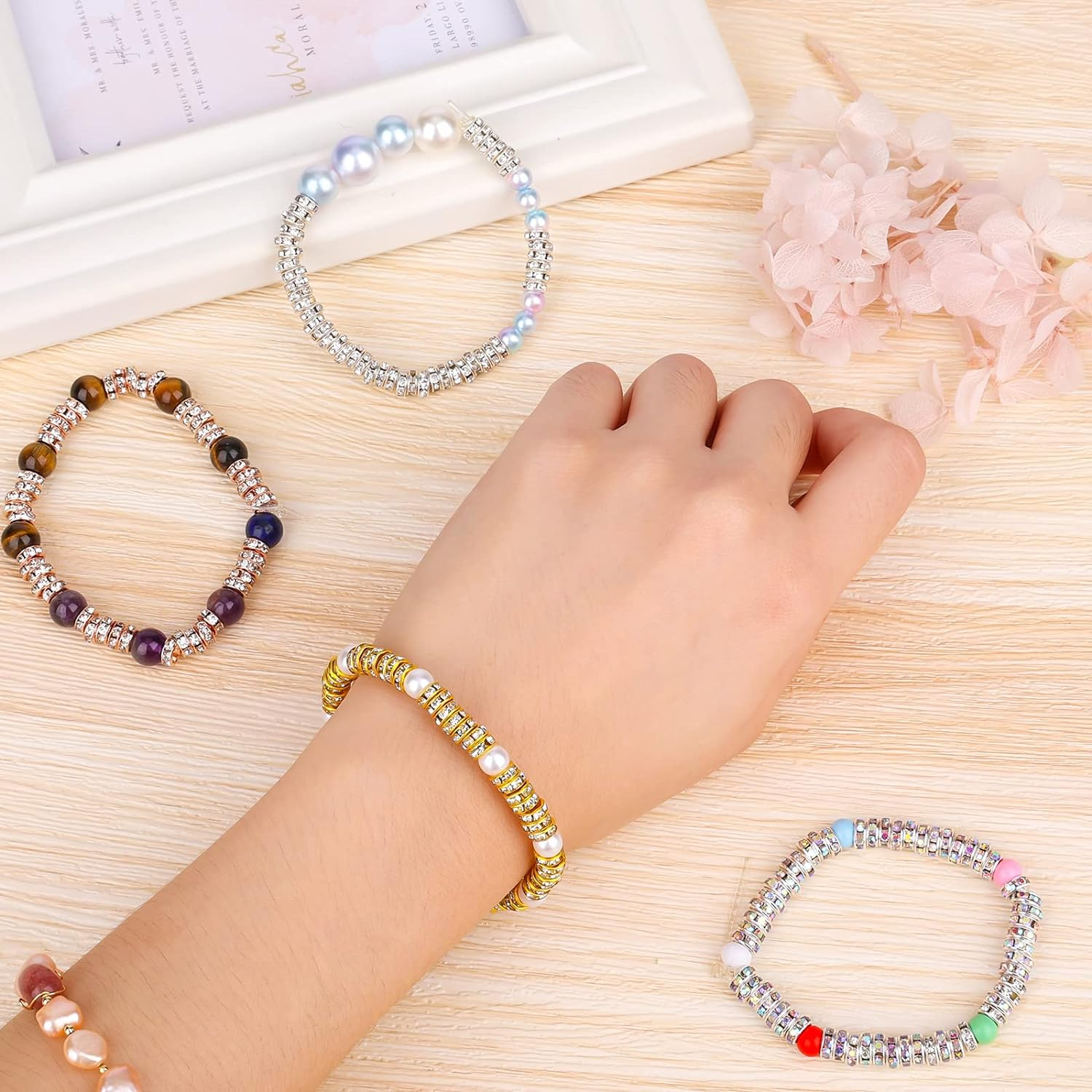 Savita 200Pcs 6Mm Rondelle Beads Precious Stones Crystal Loose round Spacer Beads for Bracelet Necklace Jewelry Making Decorations (Silver, Gold, Rose Gold, Laser Colorful) image number 4