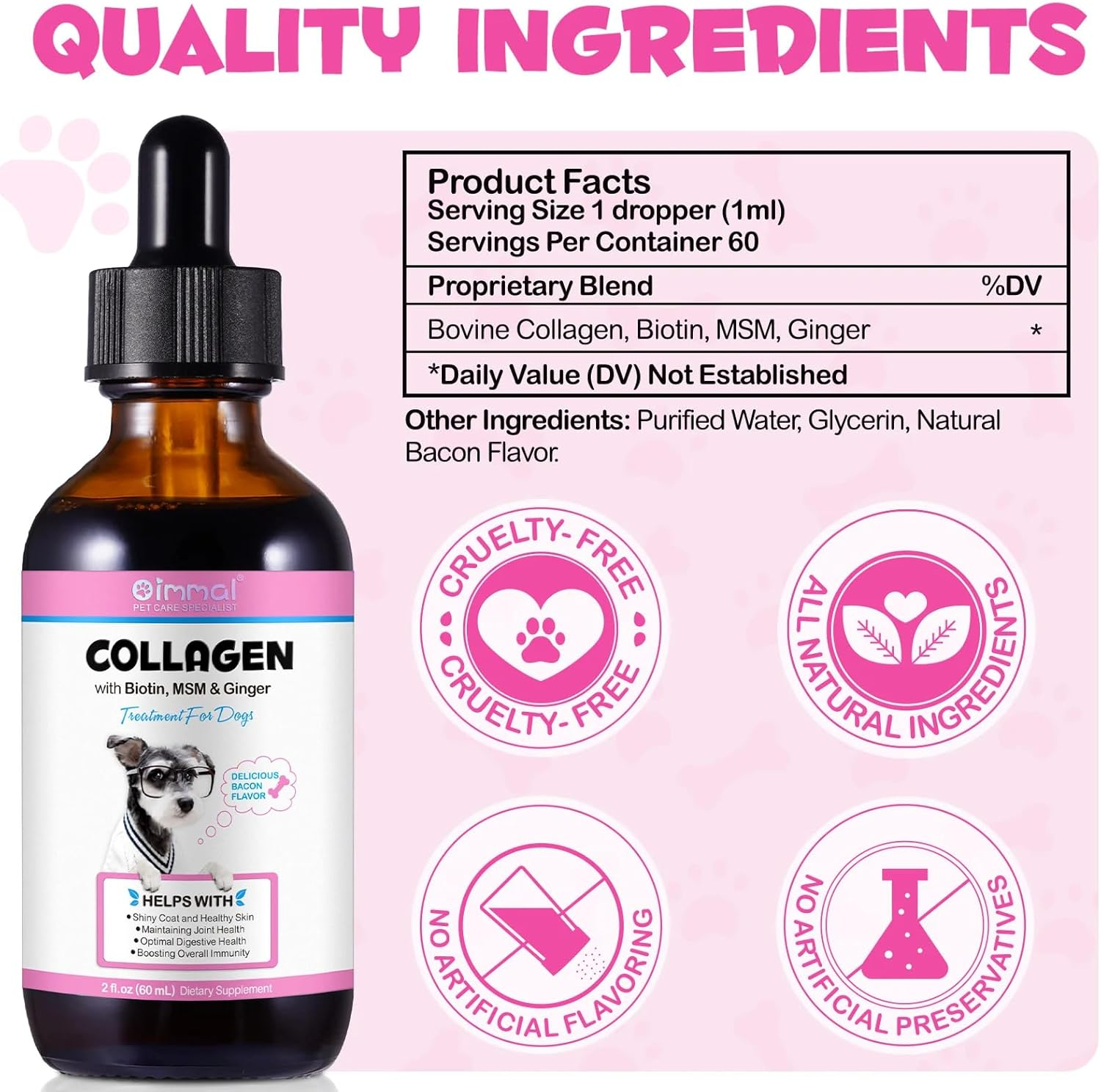 Collagen for Dogs 60Ml | Liquid Dog Collagen Supplement with Biotin, MSM & Ginger | Joint, Skin, Coat & Itch Relief | Digestive & Immune Health | Bacon Flavour