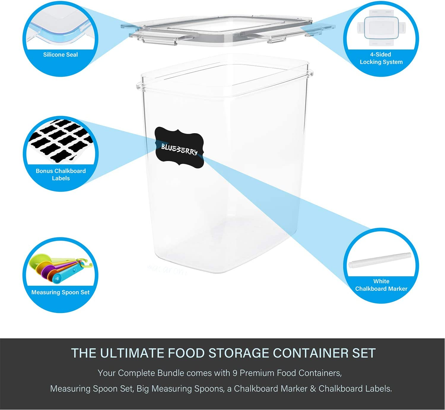 Airtight Food Storage Containers 9 Pieces 1.5Qt / 1.6L- Plastic PBA Free Kitchen Pantry Storage Containers for Sugar, Flour and Baking Supplies - Dishwasher Safe image number 5