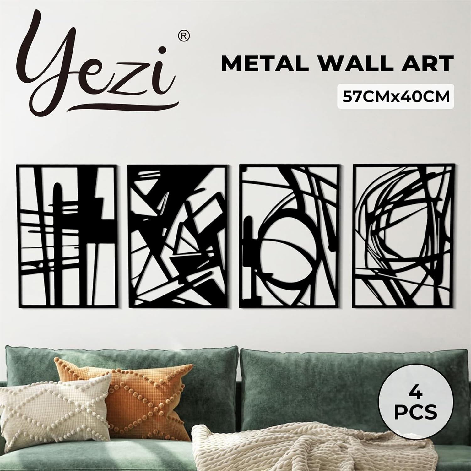 Yezi 4 Pcs Metal Abstract Wall Art, Minimalist Matte Black Single Line Art Decor, 3D Sculptures Textured, Aesthetic Modern Sculpture, Hanging for Living Room Bedroom Kitchen Bathroom Decorations image number 2