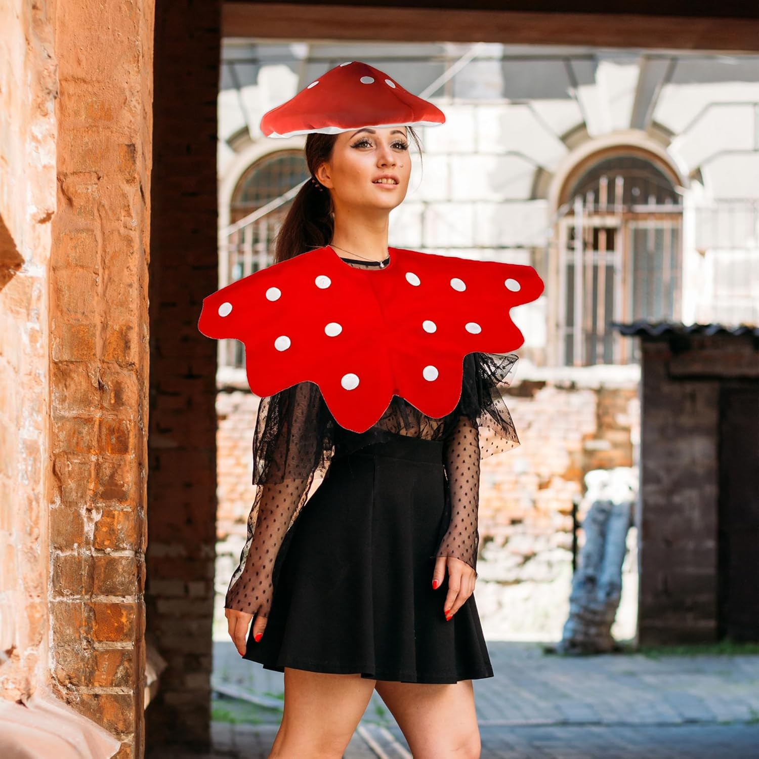 2Pcs Mushroom Hats Set, Spotted Toadstool Beret with Felt Cape, Soft Plush Costume Headwear for Boys Girls Adults for Birthday Parties Stage Shows & Fun Photo Shoots image number 3