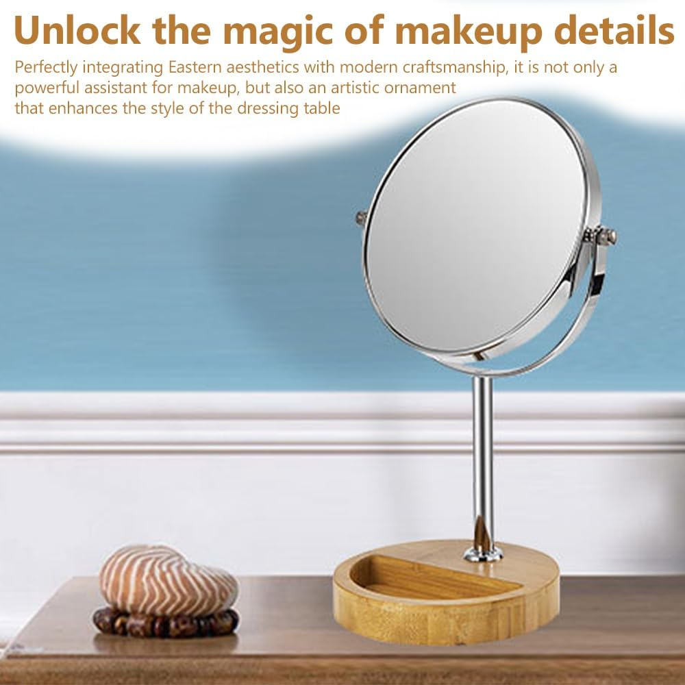 7 Inch Double-Sided Vanity Makeup Mirror with 1X/3X Magnification, 360&deg; Swivel round Tabletop Mirror with Natural Bamboo Stand and Storage Tray for Bathroom or Bedroom image number 3
