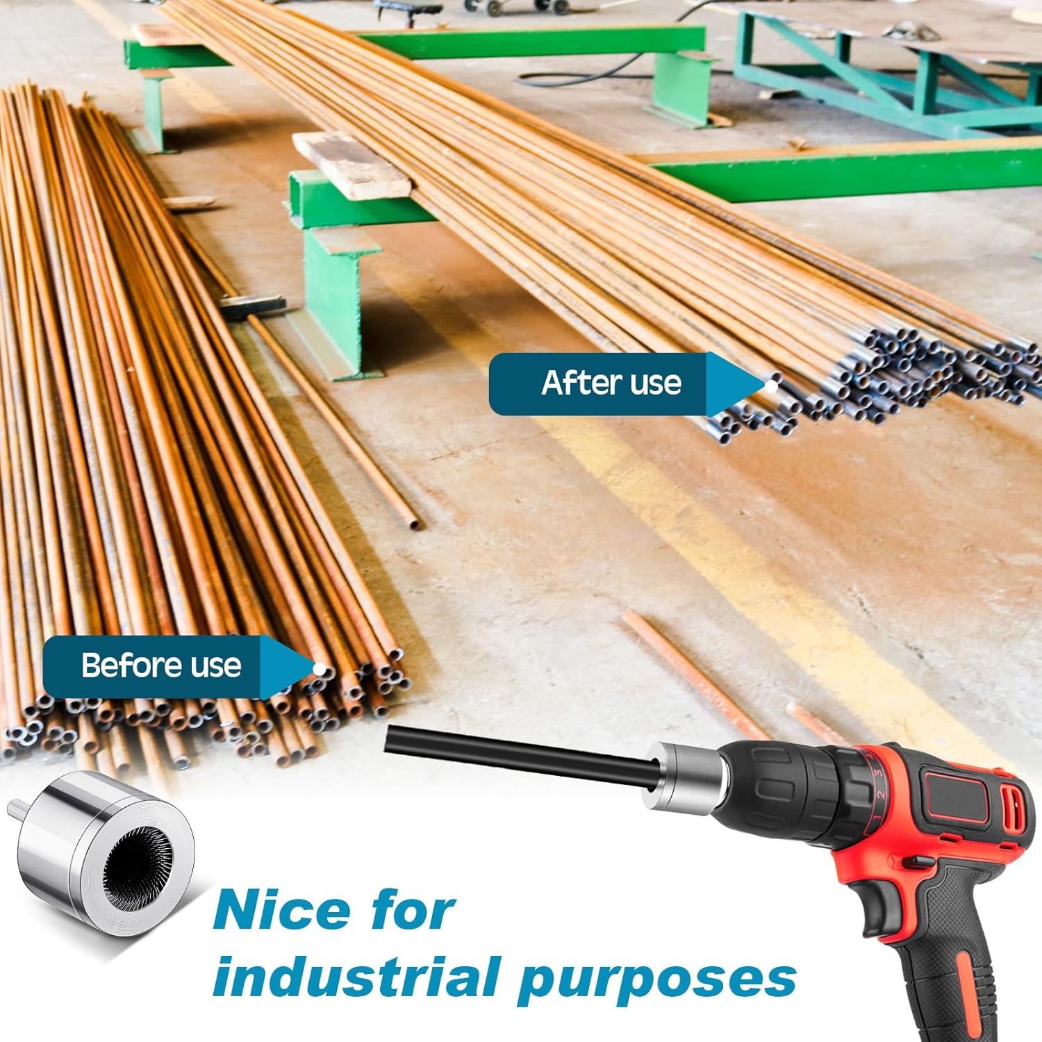 Tandefio 3/4" Metal Copper Pipe Cleaner with 2 Replaceable Brushes Tube Cleaning Brush for Power Drill for Professional Plumbers and Industrial Purposes image number 1