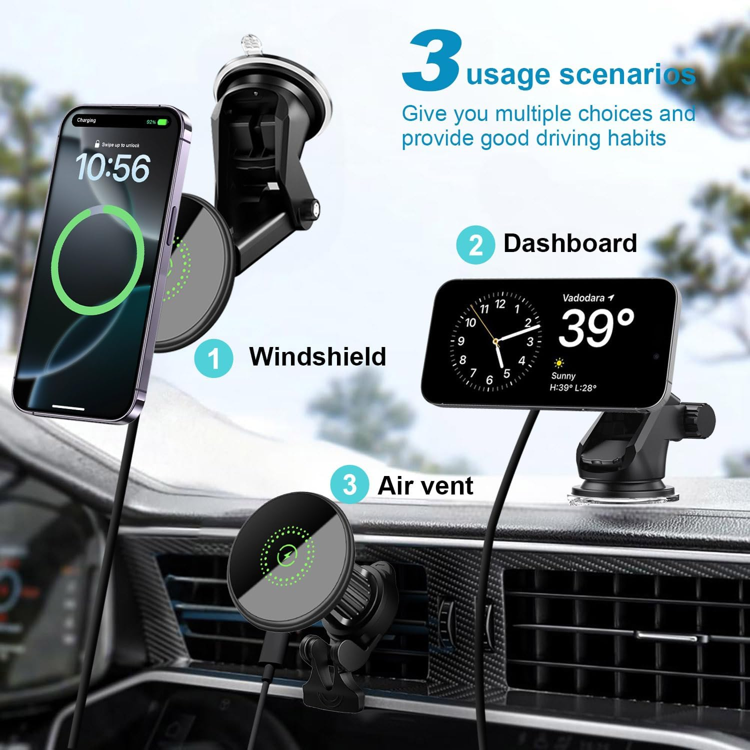 Magnetic Wireless Car Charger Mount 15W Car Phone Holder Compatibl with Iphone 12-16 Series,Vent Windshield Dash Mount Phone Charger Holder Mount (Black Magnetic) image number 4