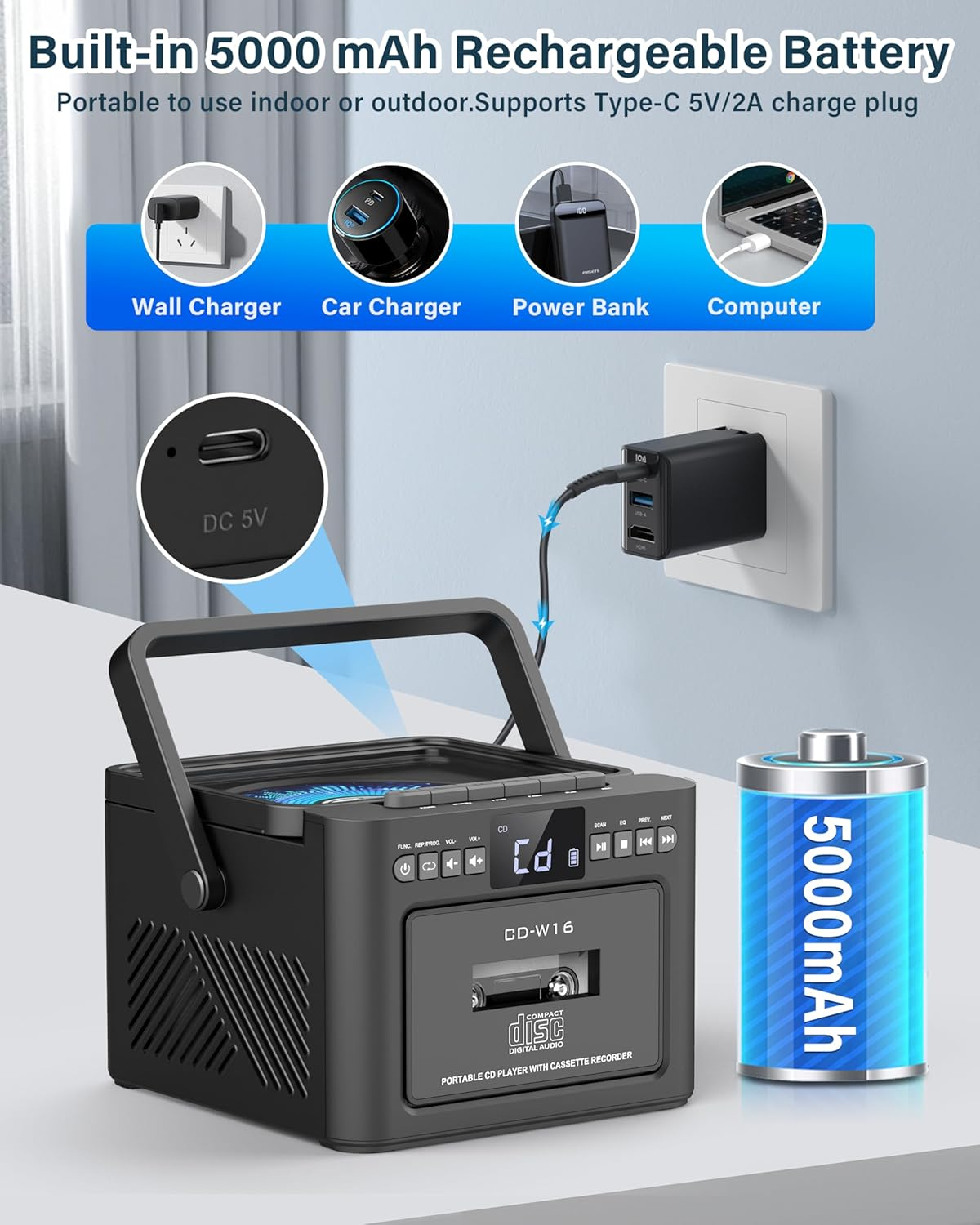 Boombox Cassette CD Player Bluetooth5.1 with 5000Mah Battery,5W Dual Stereo Speakers,Rechargeable CD Player with FM Radio,Remote Control,Tape Recording,3.5Mm Earphone Jack,Aux/Micro SD/USB for Home image number 2