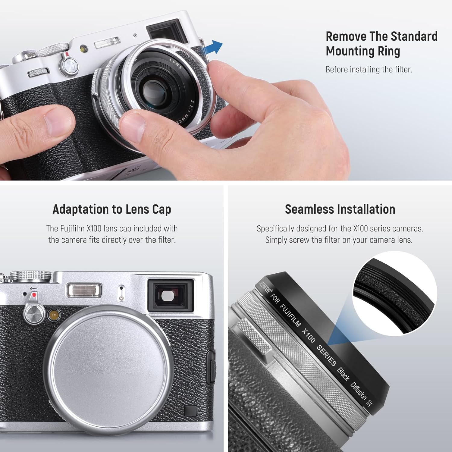 NEEWER Black Diffusion 1/4 Filter, Dreamy Cinematic Effect Lens Filter for X100 Series Cameras, Multi Coated Optical Glass, for Fujifilm X100 X100S X100F X100T X100V X100VI Cameras (Black Frame) image number 6