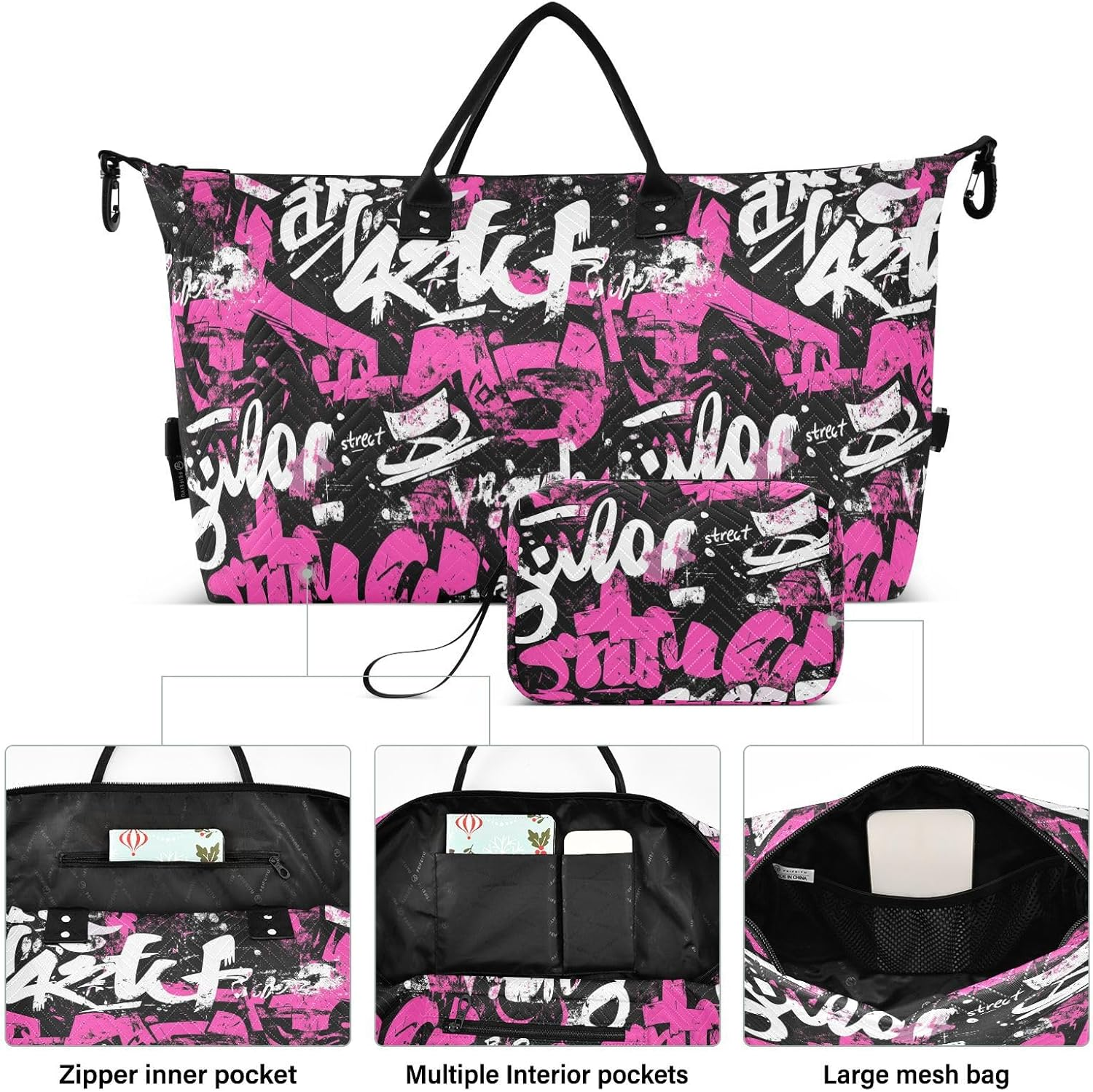 Travel Hand Bag Doodle Peach White Black Cartoon Travel Weekender Gear Bag with Adjustable Strap for Gym Multifunctional Bolsa Para Viajar En Avion De Mujer image number 3