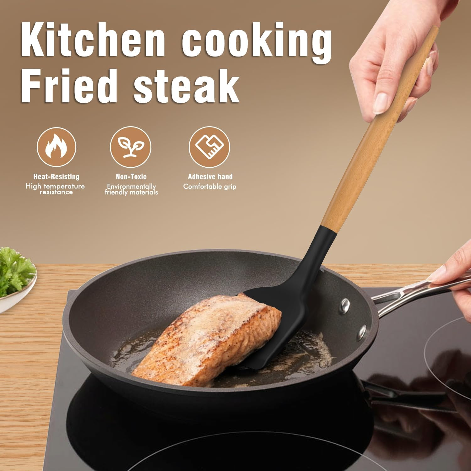 Silicone Cooking Utensils Set - Silicone Kitchen Utensils for Cooking Wooden Handles, 446&deg;F Heat Resistant Kitchen Utensil Spatula Sets W Holder, Gadgets for Non-Stick Cookware BPA Free (Black) - Black image number 6