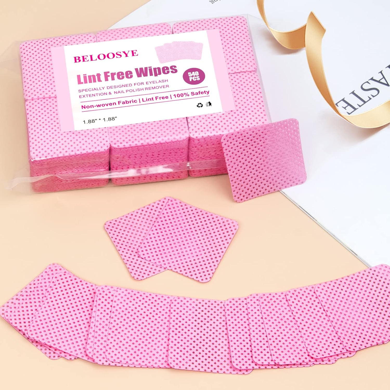 540 PCS Lint Free Nail Wipes, Eyelash Extension Glue Wipes, Super Absorbent Soft Non-Woven Fabric Nail Polish Remover Wipes, Cleaning Pad Cloth for Lash Extension Supplies & Nail Polish Bottle(Pink) image number 5