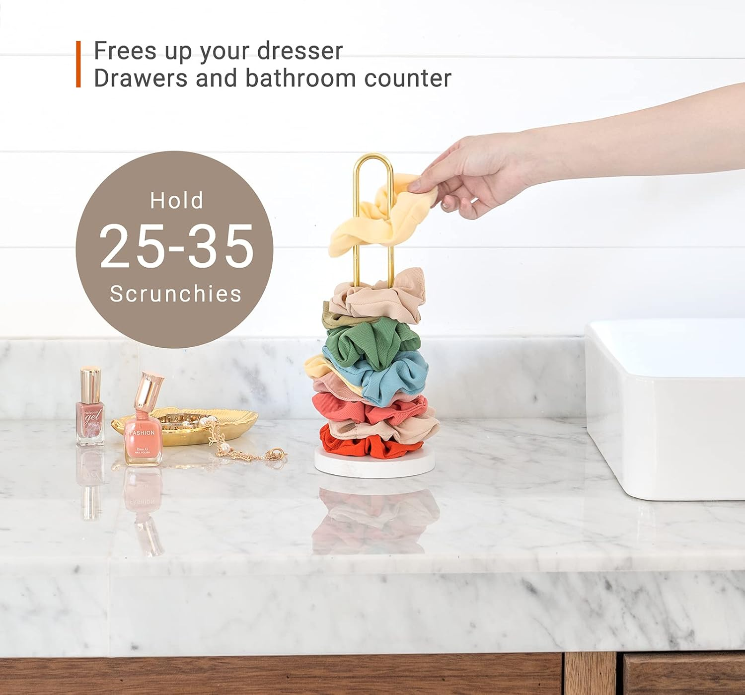 Mkono Scrunchies Holder Stand Hair Accessories Organizer Gold White Metal Scrunchies Tower Hold 25 - 35 Scrunchies Modern Vertical Hair Tie Organizer for Girls, White image number 1