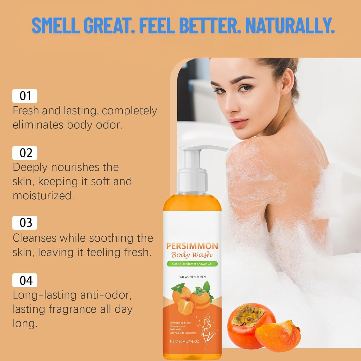 Persimmon Body Soap Wash &ndash; Natural Japanese Persimmon Extract, Deodorising Body Cleanser for Body Odour, Gentle and Moisturising Formula for Sensitive Skin, Men and Women (4Pc) image number 4