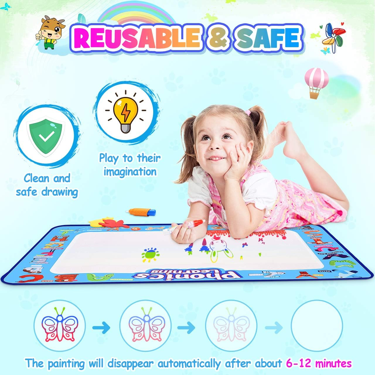Toys for 3-9 Year Old Boys Girls,Vingtank Water Drawing Mat for Kids Age 3-8 Kids Gifts Educational Toys for 3-9 Year Old Magic Doodle Mat for Kid Christmas Ideal Gifts