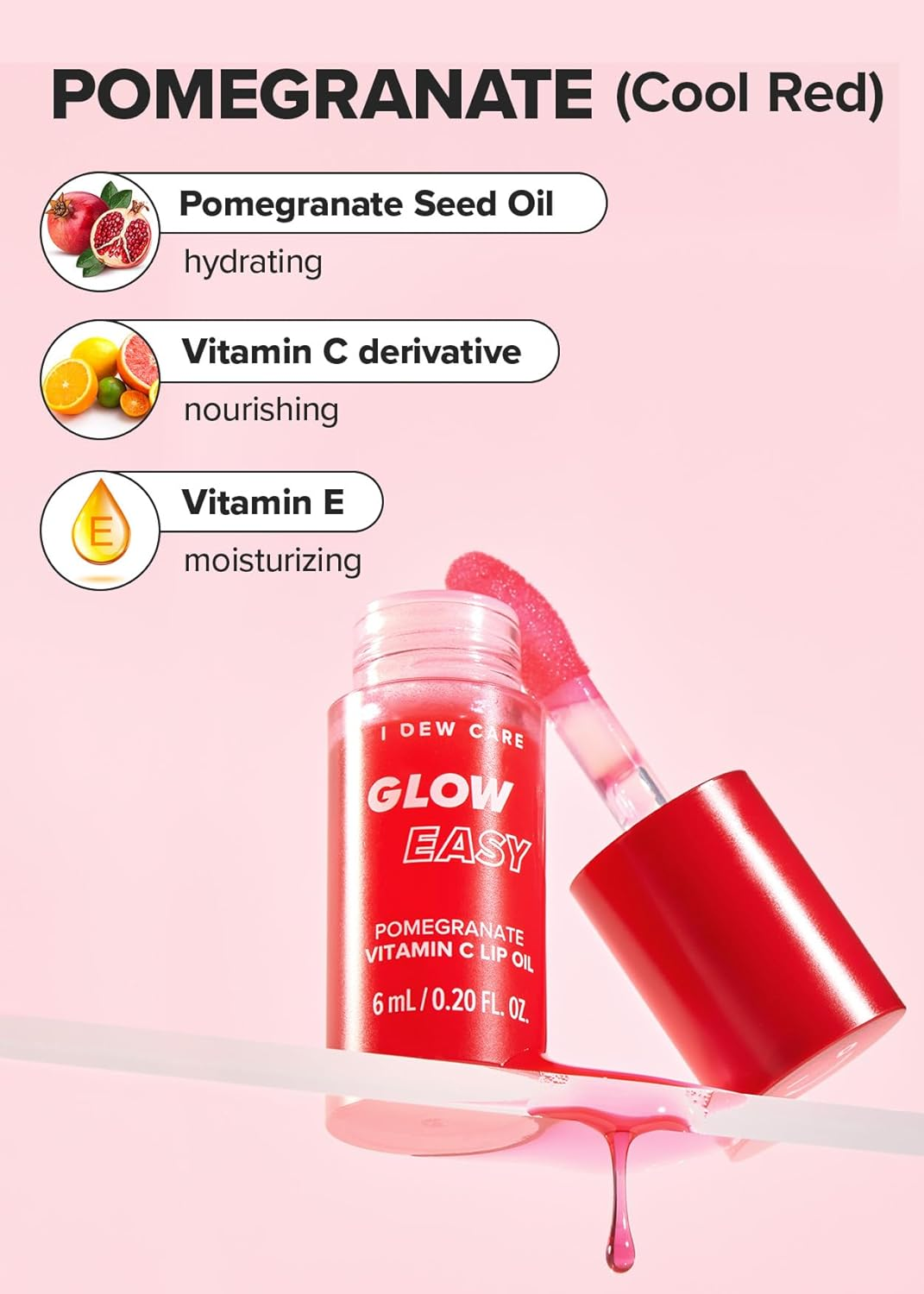 I DEW CARE Glow Easy Pomegranate Vitamin C Lip Oil, Pigmented Glossy Lip Oil, Hydrating, Korean Makeup, Tinted Lip Care, Cool Red, 0.20 Fl Oz image number 5