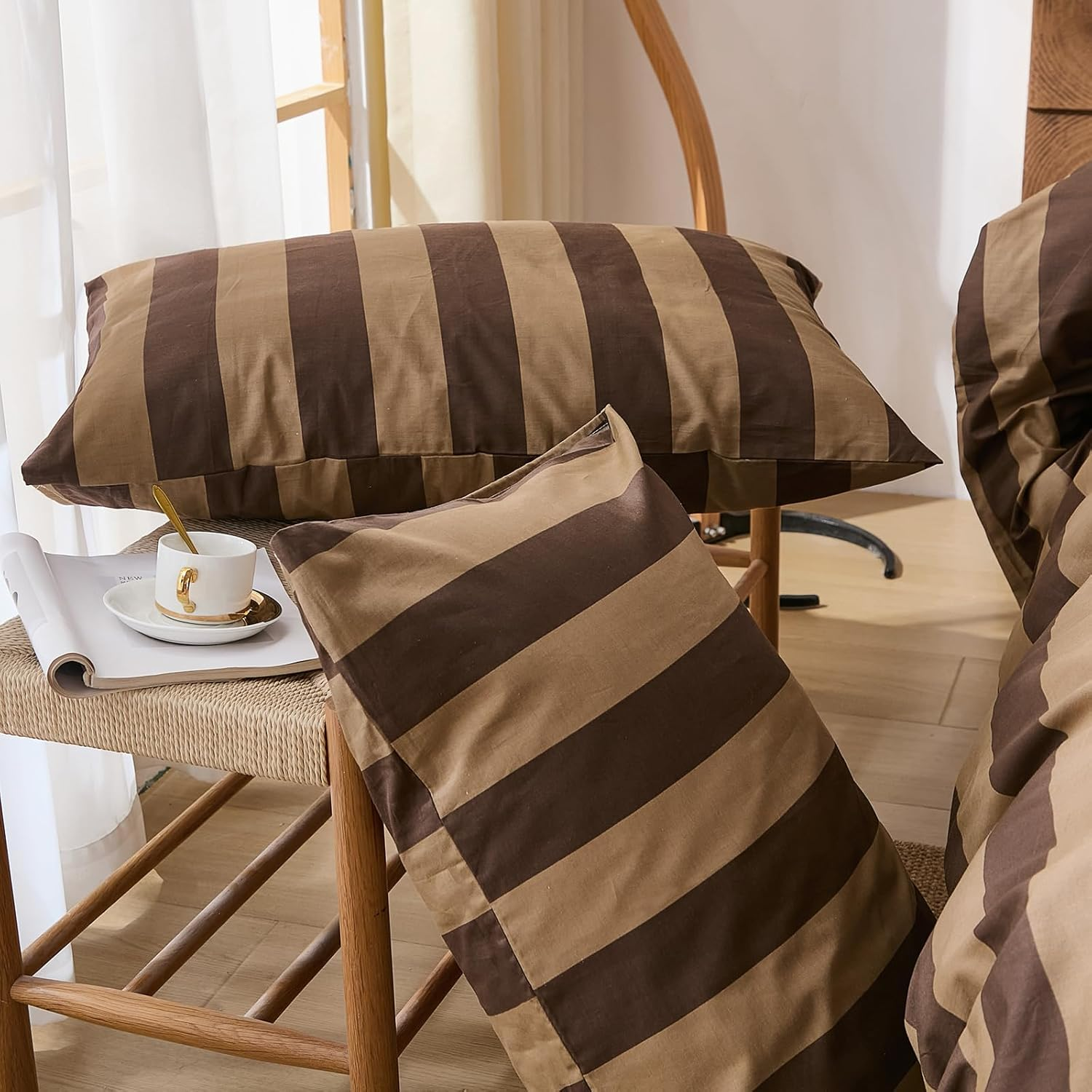 Merryword Brown Striped Duvet Cover Set King Size, 100% Natural Cotton Linen like Duvet Cover Set with Zipper Closure & 8 Corner Ties, Brown Khaki Soft Reversible Bedding for All Seasons image number 5