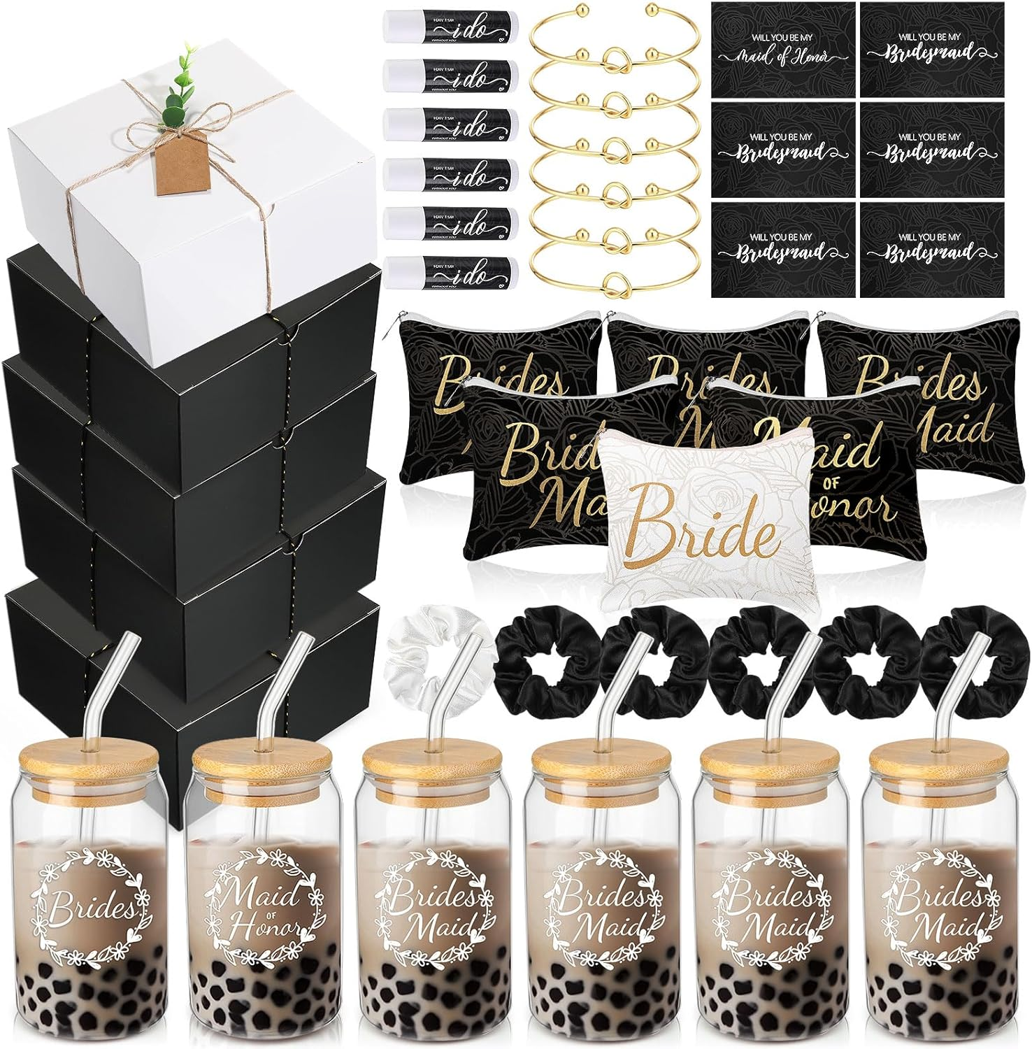 Filltouch 54 Pcs Bridesmaid Proposal Gifts, Maid of Honor Gift Include Wedding Gift Box Makeup Bag Invited Card Glass Cup Lip Balm Scrunchie Bracelet for Bridal Shower Bachelorette Party(Purple)