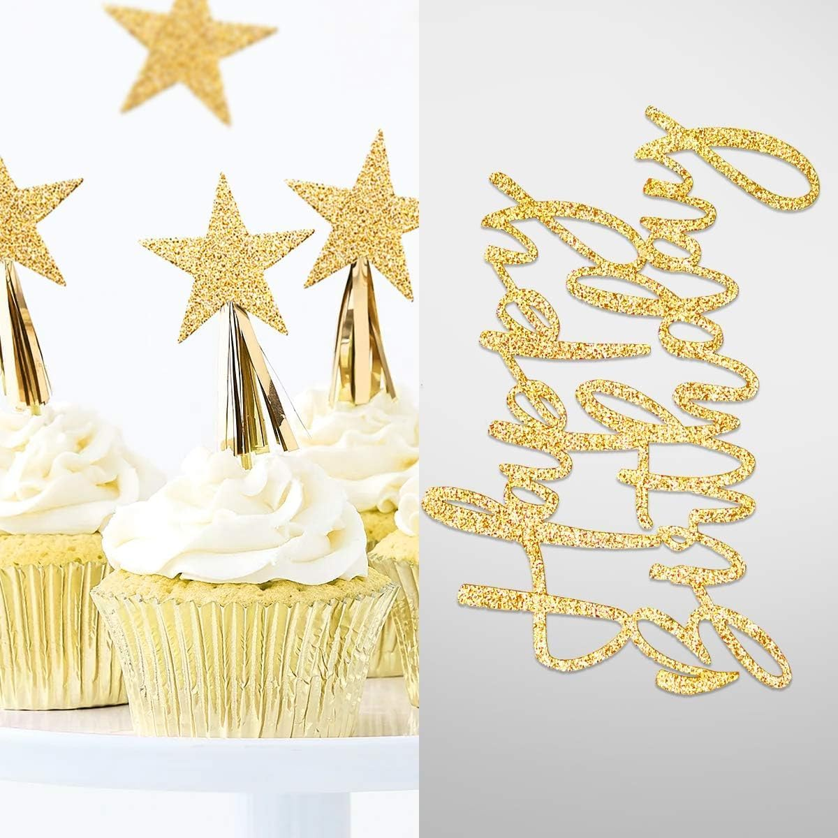 Happy Birthday Cake Topper: 2 Sets Gold-Themed (With Birthday Sign, Star Sign). Ideal for Men, Boys, Women, Girls&rsquo; Birthday Parties, Hen Parties; Decorative, Fits Gold Theme Celebrations. image number 1