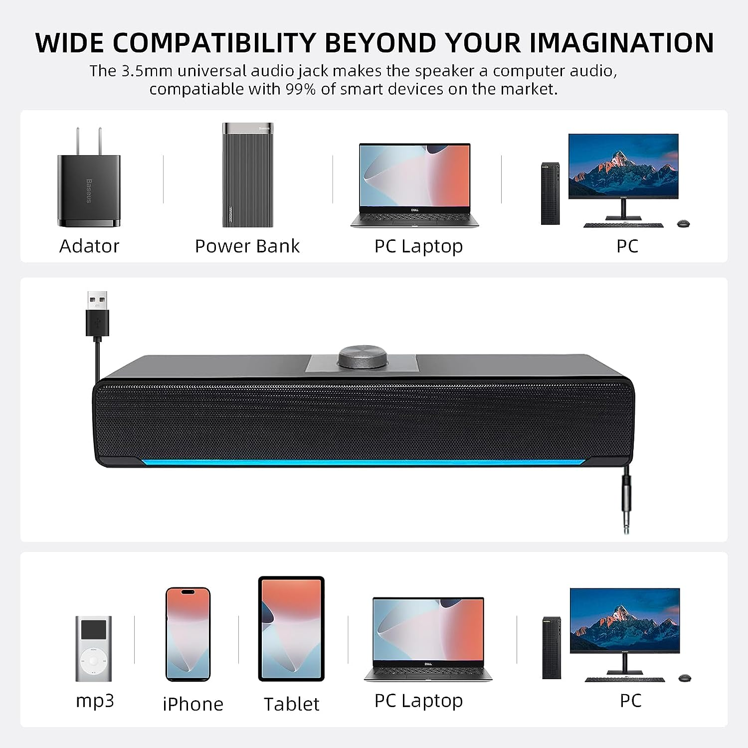 Aufine PC Speakers, Computer Speakers Wired Soundbar USB LED Powered Speakers with Powerful Stereo, 3.5Mm Aux Input, Speakers with Knob Volume Control for PC, Desktop, Laptop, Black image number 1