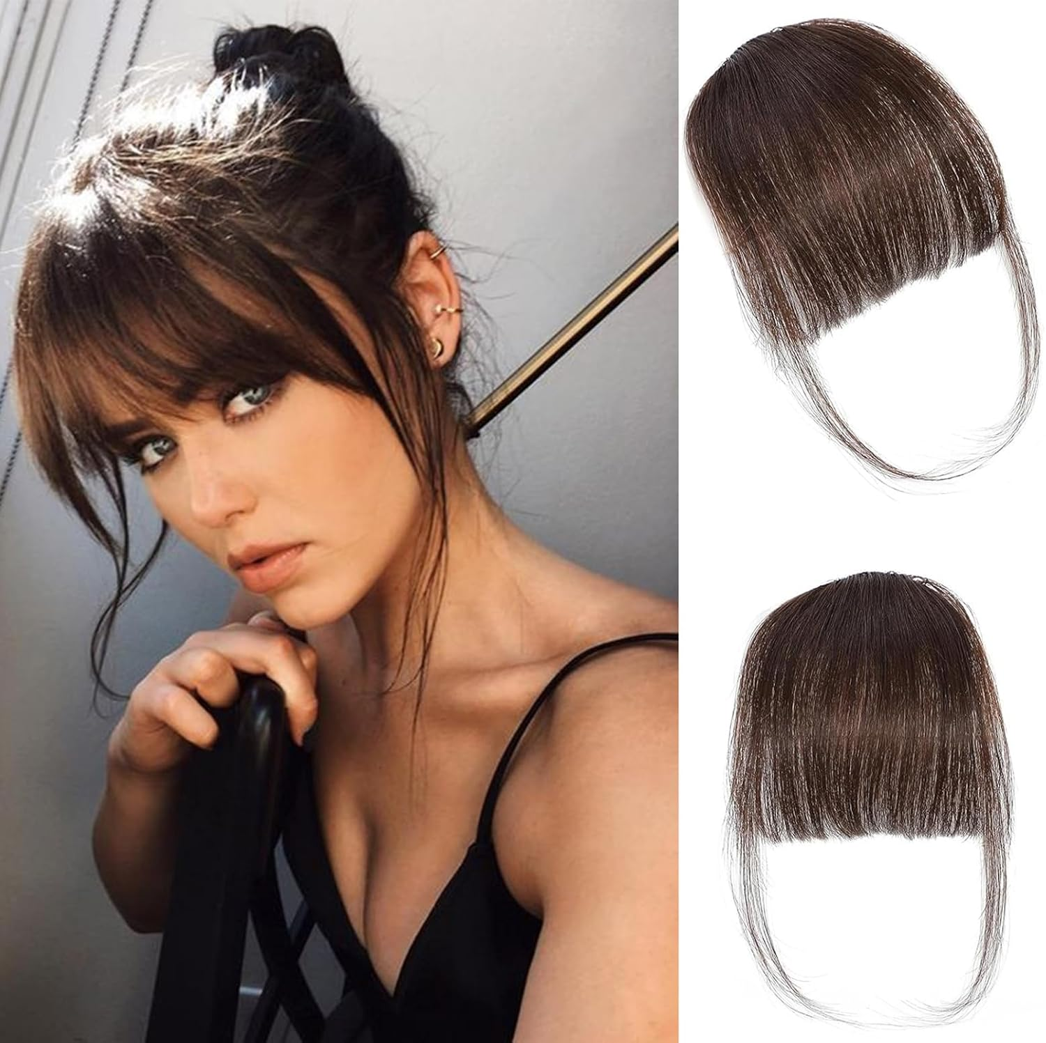 Clip in Bangs Real Human Hair Dim Clip in Bangs Fake Front Bangs Extensions for Women Dark Brown image number 4