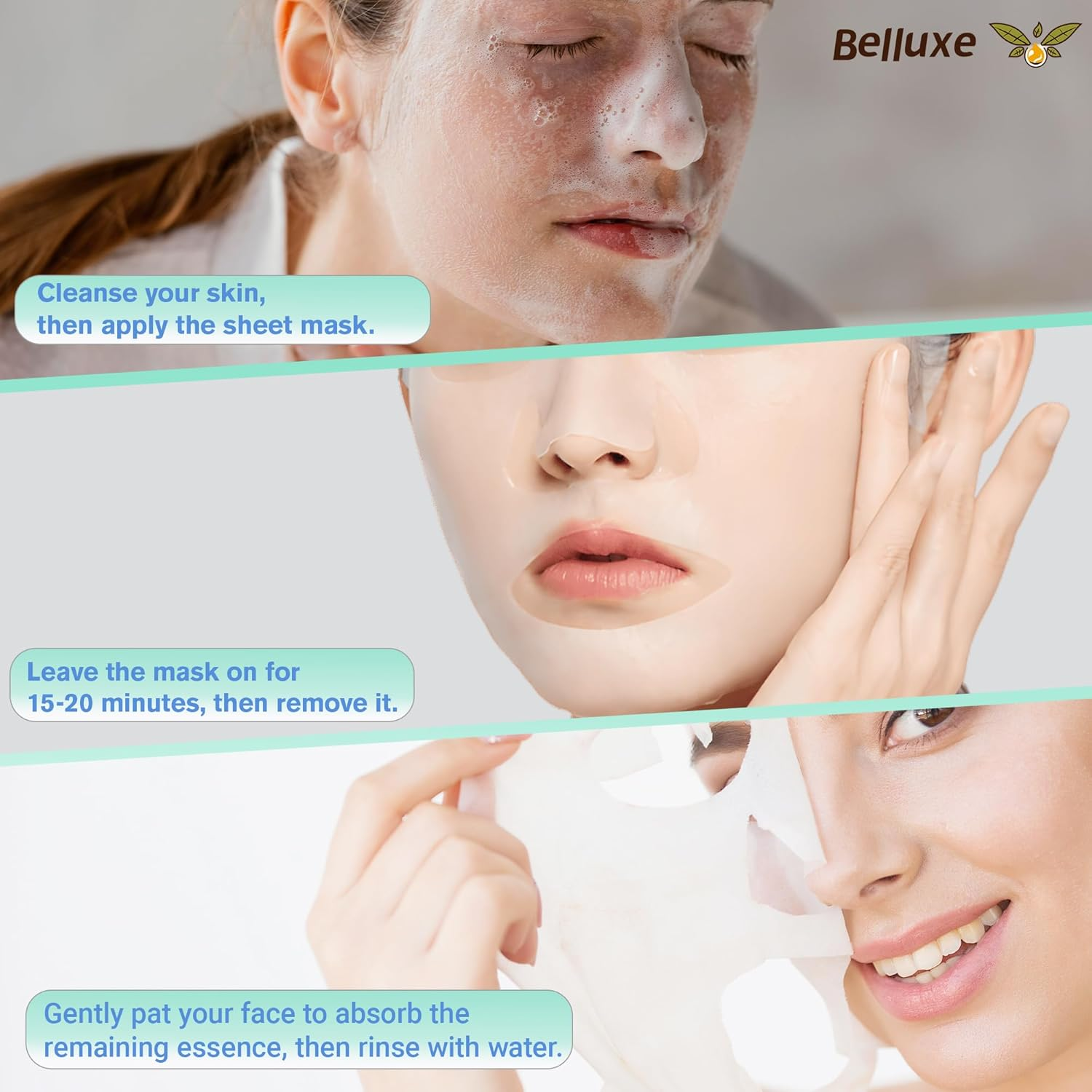 Belluxe 5-Pack Aloe Vera Sheet Face Masks Skincare for Sensitive Skin, Hydrating Korean Facial Mask for Soothing and Moisturizing, Face Mask Set for Women and Men image number 6