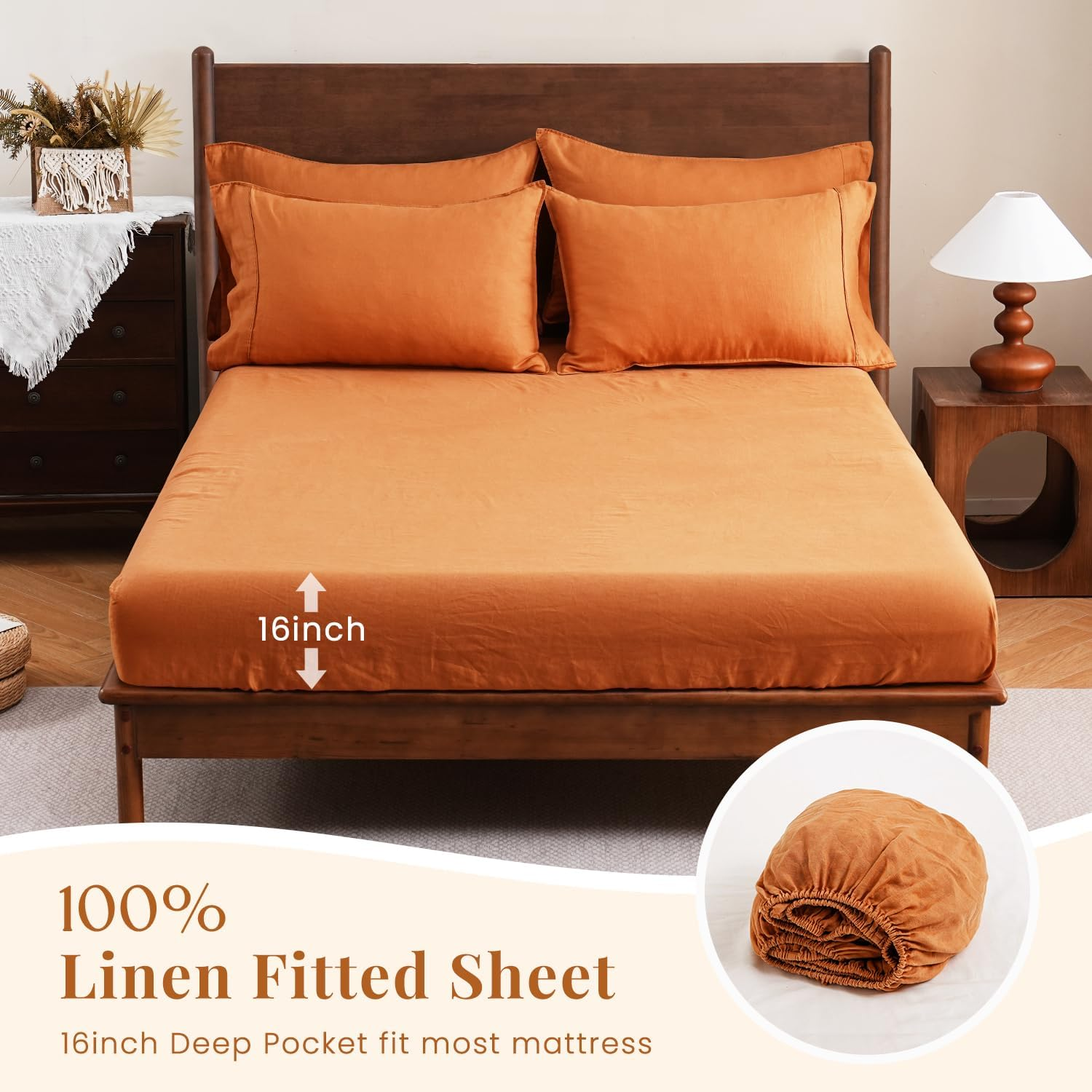 S VICTORY SYMBOL Pure Washed Linen Sheets Set Queen Size,European Flax Linen Bed Sheets(1 Flat Sheet,1 Fitted Sheet,2 Pillowcases) Breathable Soft Durable Boho Farmhouse Bedding-Pumpkin image number 3