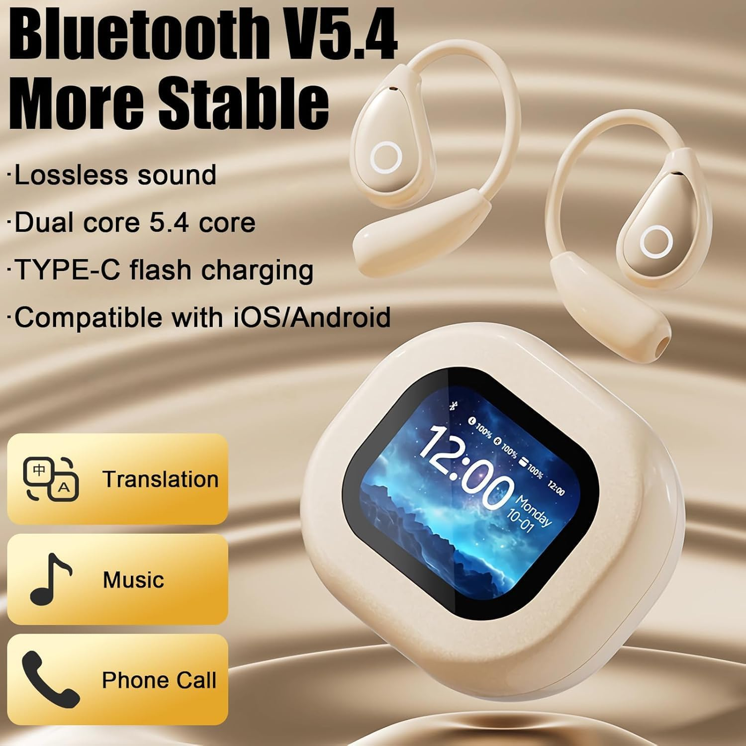 OBEST AI Translation Earbuds,Bluetooth Realtime Voice Open Ear Headphones with Color LCD Touch Screen,Wireless Noise Reduction Language Translator Device,144 Languages, Corporate Travel Learn image number 2