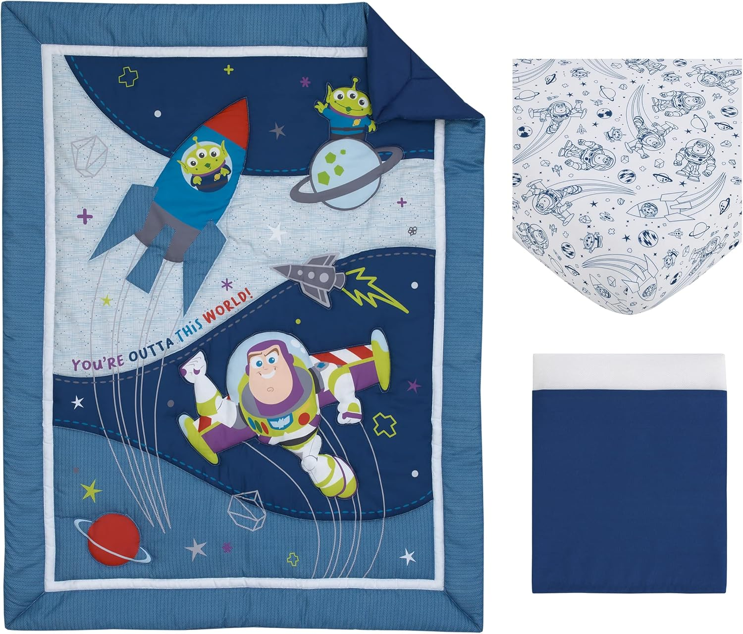 Disney Toy Story Outta This World Blue and Gray 3 Piece Nursery Crib Bedding Set - Comforter, Fitted Crib Sheet, and Crib Skirt (4763276P) image number 4