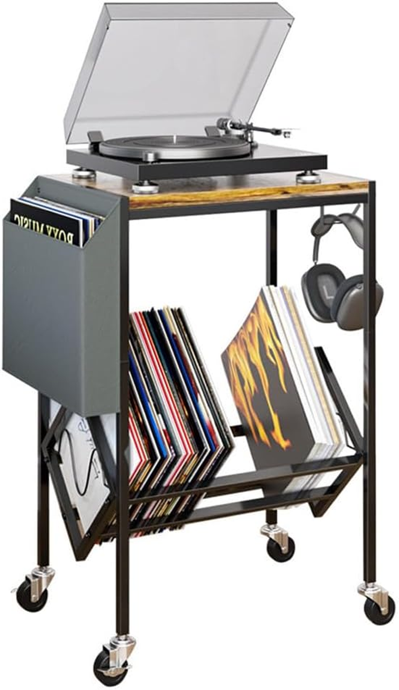 Record Player Stand, Double Layer Record Rack, Iron Storage Side Table, Turntable Stand for Albums 70-90 Lps Black 43.5 X 33.5 X 65.5 CM image number 1