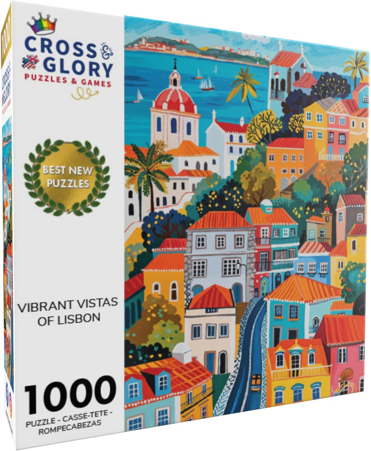 Vibrant Vistas of Lisbon - 1000 Piece Jigsaw Puzzle, Folk Art Style, Eco-Friendly Lisbon Cityscape, Bright, Colourful, Sustainable, Family Friendly Game - Cross & Glory - Bombay Bustle image number 4