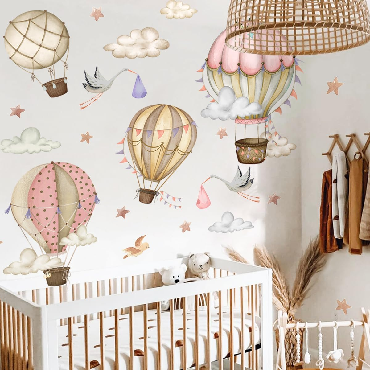 Removable Hot Air Balloons Wall Decals Watercolor Balloons Birds Stars Wall Stickers DIY Hand Painting Hot Air Balloons Clouds Flags Decor for Kids Girls Bedroom Living Room Nursery Decor