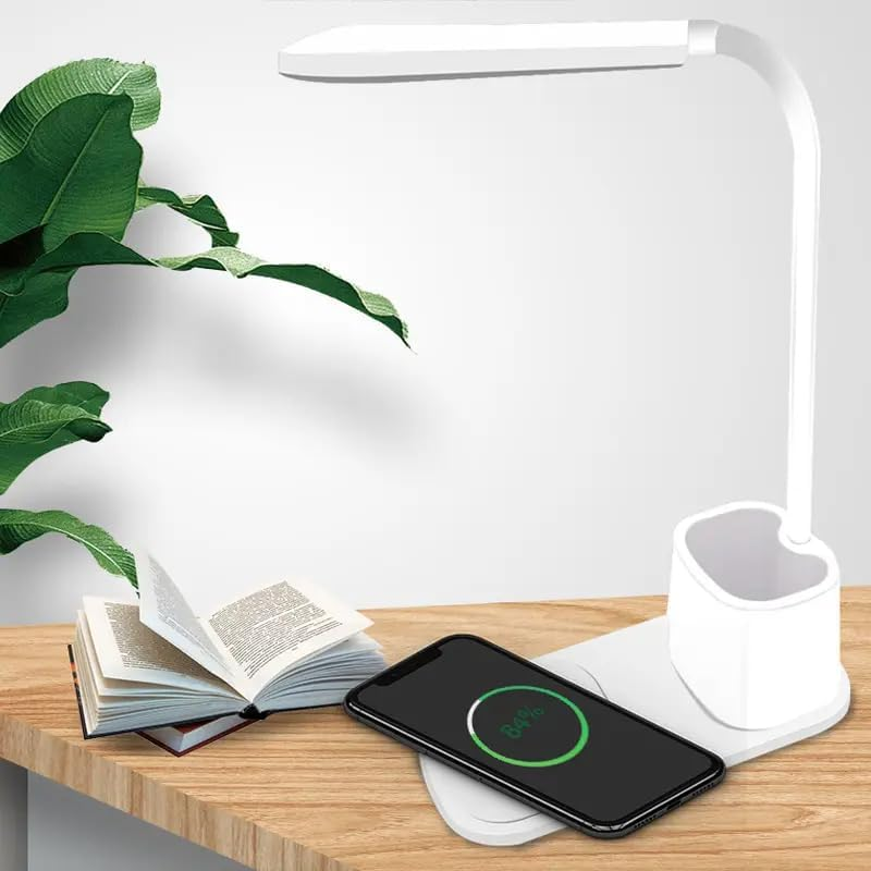 Zenly LED Desk Lamp - Bedside Table Lamp | Eye Caring LED Touch Lamp with 3 Color Modes | Dimmable USB Office Desk Light | Desk Lamp with Wireless Charger | Study Lamp with Adapter (White)
