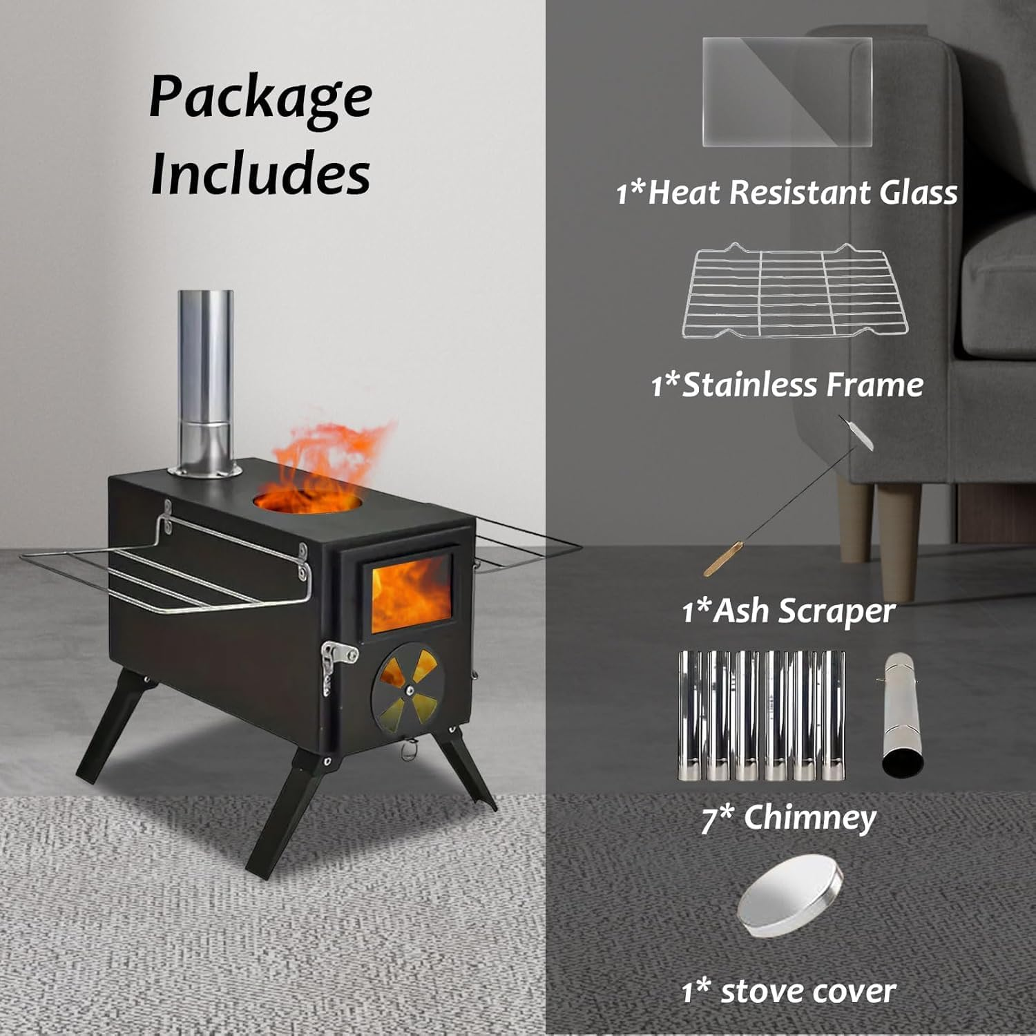 Ruaizel Portable Carbon Steel Firewood Stove, Camping Wood Stove with Chimney Pipes, Foldable Camping Stove, Hot Tent Stove for Cooking Heating Drying Clothes image number 6