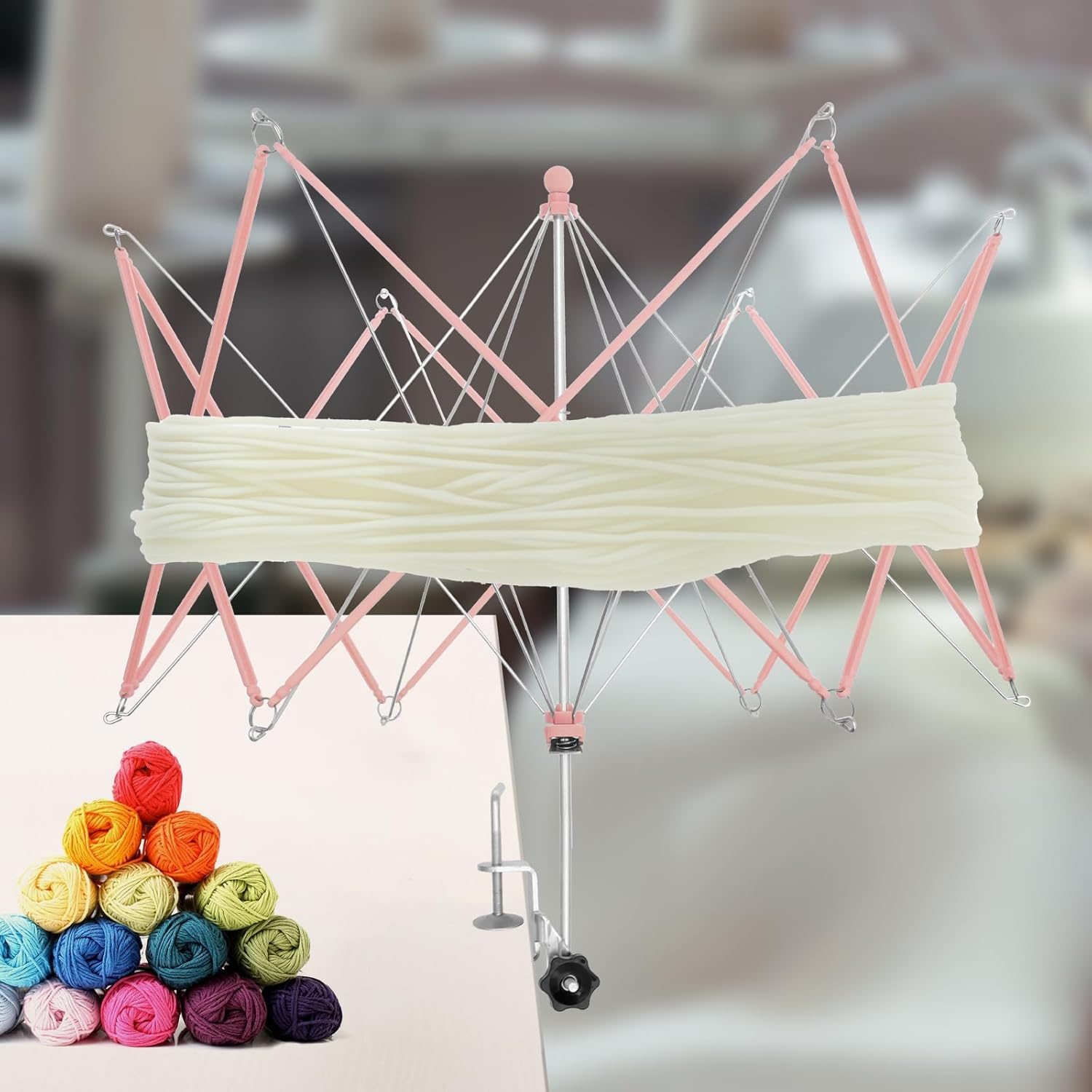 Yarn Winder, Umbrella Yarn Swift, with Table Clamp Portable Swift Winder, Essential Crochet Tools, Easy Setup and Low Noise for Skeins, Hand Operated Winding Frame (Pink) - Pink image number 4