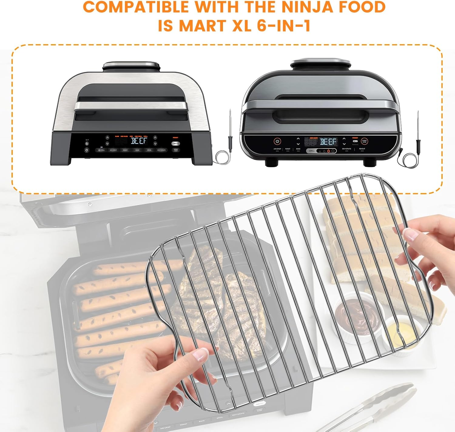 GWBSXM Air Fryer Replacement Parts for Ninja Foodi FG551 Smart XL Indoor Grill with Air Fry, 11.6''*7.6'' Stainless Steel Air Fryer Accessories Roasting Steamer Grill Racks Baking Tray，Dishwasher Safe