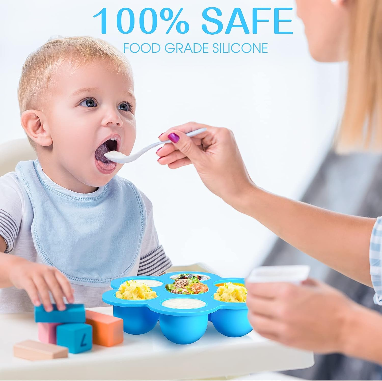 4 Pcs Silicone Baby Food Freezer Tray with Lid Stackable Reusable 2.5Oz Silicone Baby Food Freezer Molds Storage Tray for Homemade Egg Bite Vegetable Fruit Purees Breastmilk(Colorful) - Blue image number 2