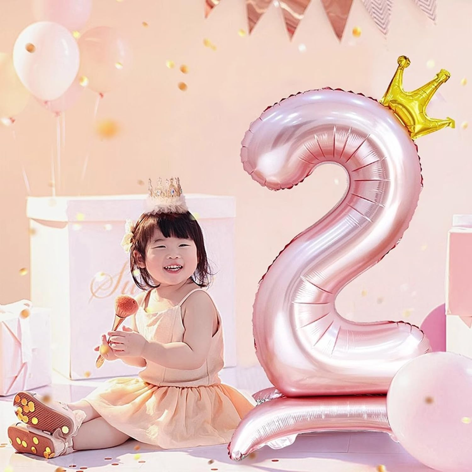 Standing Number 2 Balloon with Crown, 42 Inch Jumbo Mylar Foil Balloons Helium or Air Balloons for 2Nd 12 22 Birthday Party Celebration Decoration Pink Number 2 image number 2