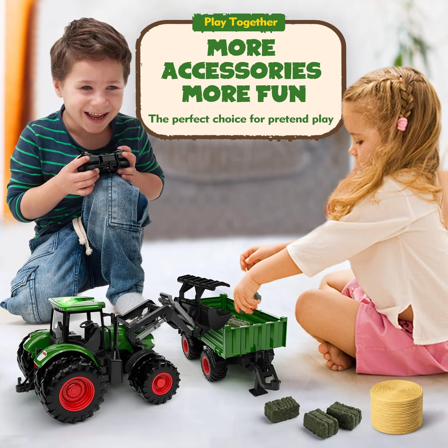 TOYKAU Rechargeable RC Tractor & Trailer Set - Metal Car Head, 8-Wheel Drive with Lights, Farm Vehicle Toy for Ages 3+ Boys Girls Christmas/Birthday Gift image number 1