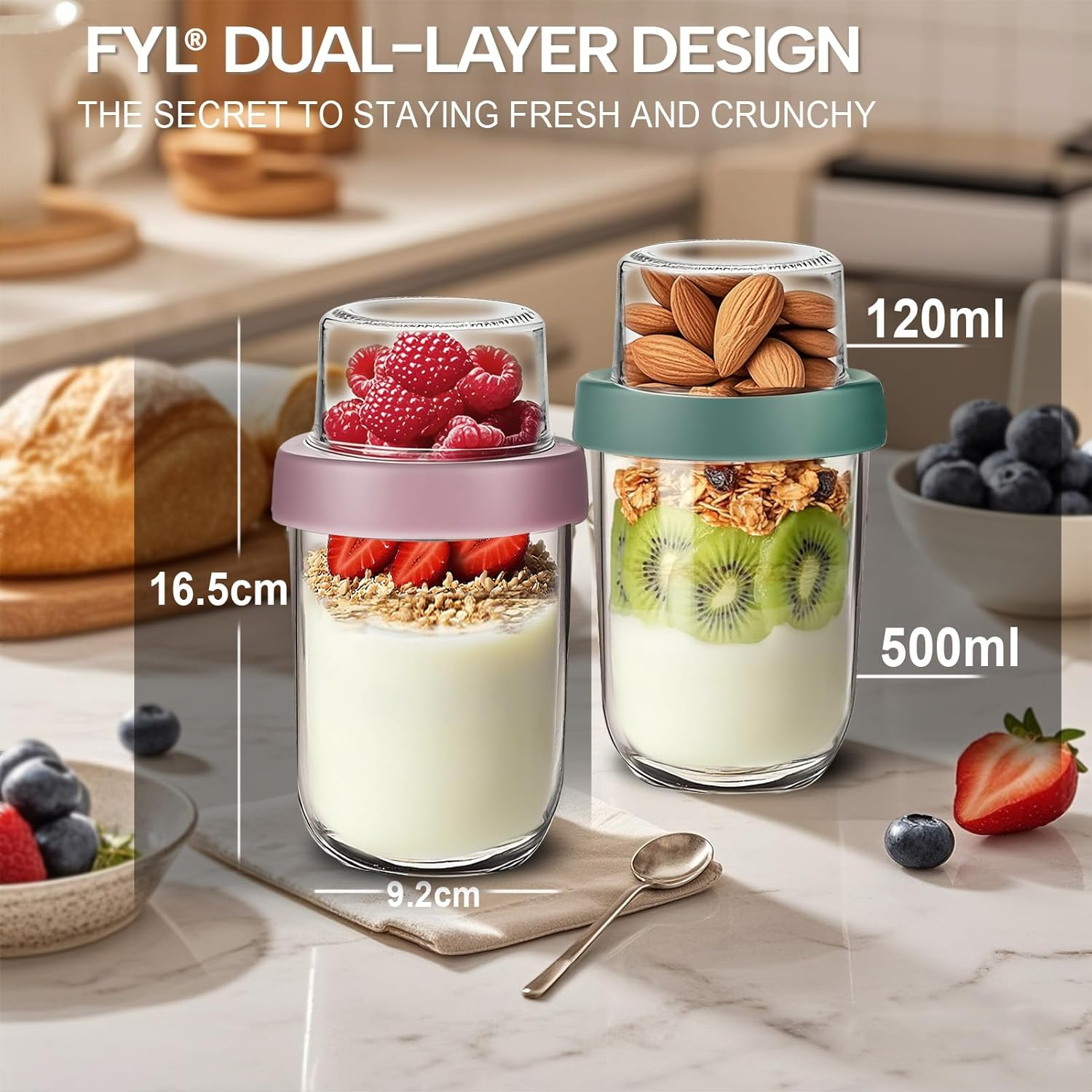 FYL Overnight Oats Container Jar, Dishwasher Safe Dual-Laryer Thickened Glass Meal Prep Containers with Lid Leakproof Jar for Breakfast Chia Pudding Salad Cereal Yogurt 4 Pack image number 1