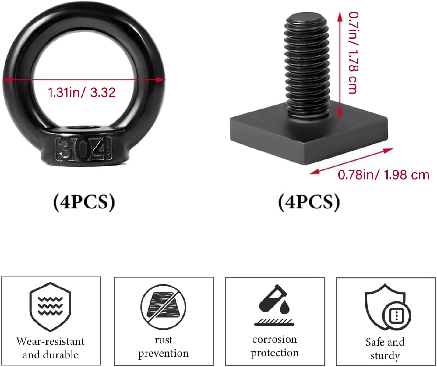 4PCS T Track Mount Tie down Anchor for Roof Rack, M8 Sturdy Stainless Steel Ring Shaped Eye, T Eye Nut Tie down Rings for Holding Bungee Cord, Ropes, Hooks (Black) - Black image number 5