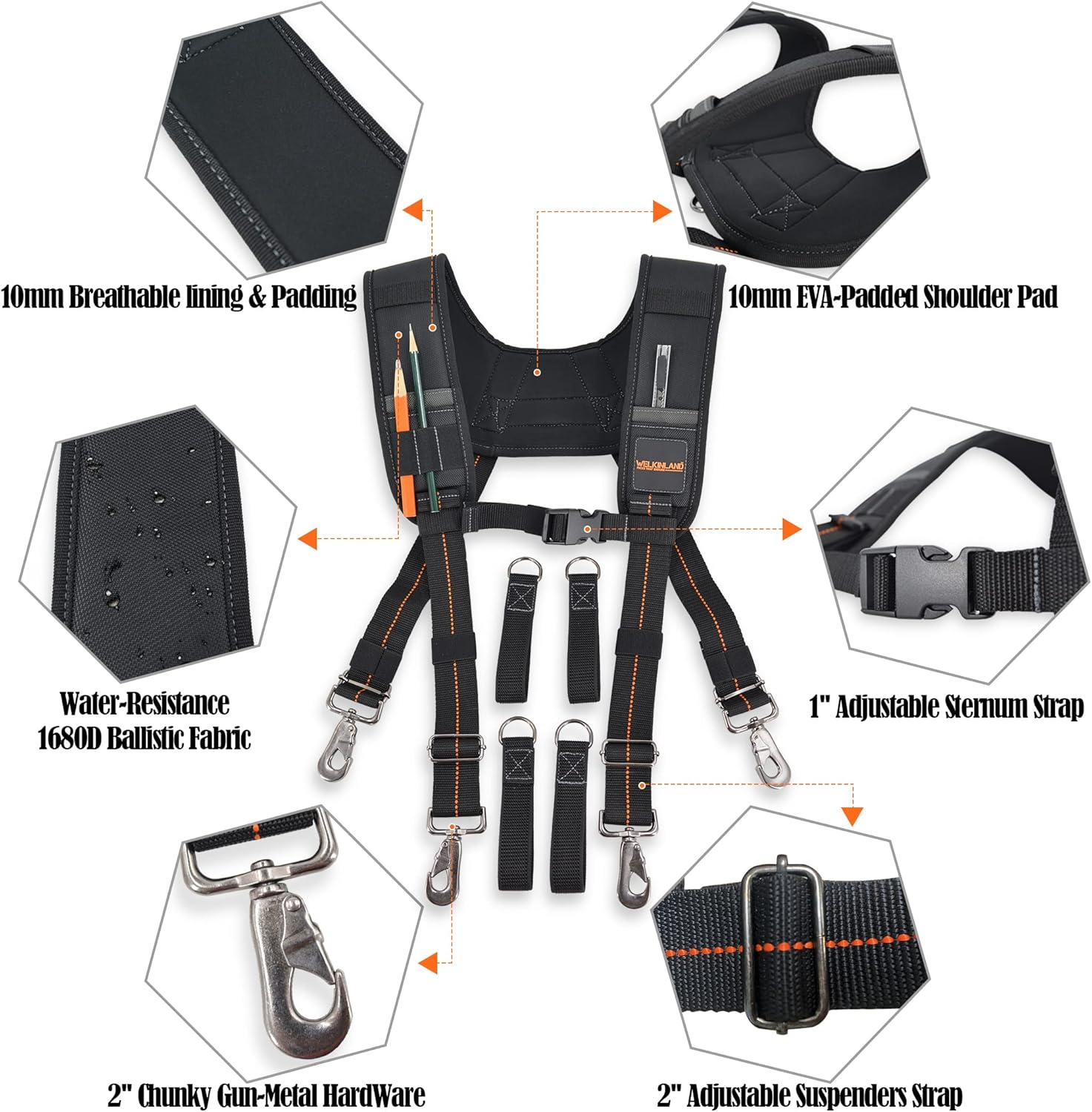 WELKINLAND Tool Belt Suspenders, Bag Bag Nail Suspenders Carpenter, Construction for Men, Men Black W/Orange