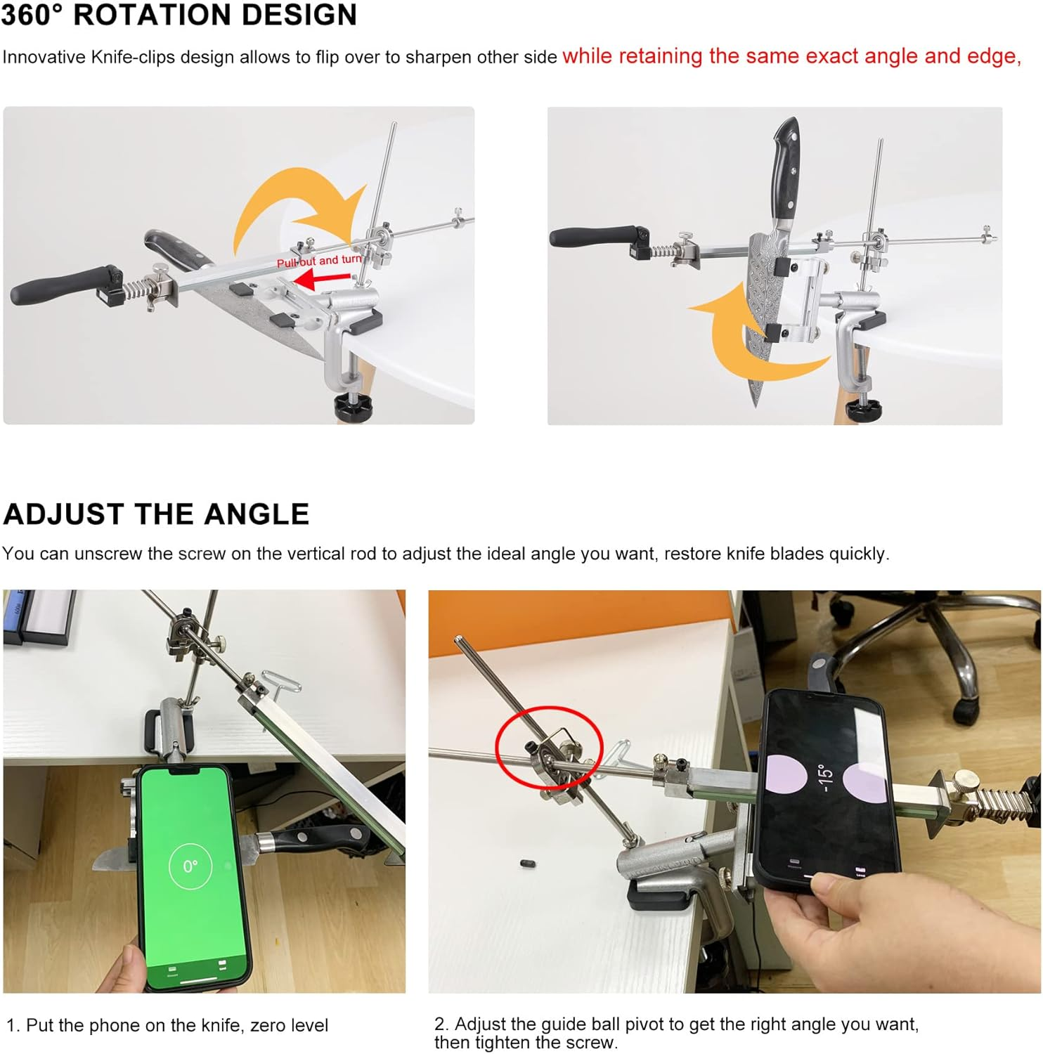 RUIXIN PRO RX-009 Kitchen Knife Sharpener System with 6 Whetstones, 360&deg; Rotation Flip Design, Fixed Angle Stainless Steel Professional Chef Knife Sharpening Kit Fine Grinding Polishing Tool image number 6