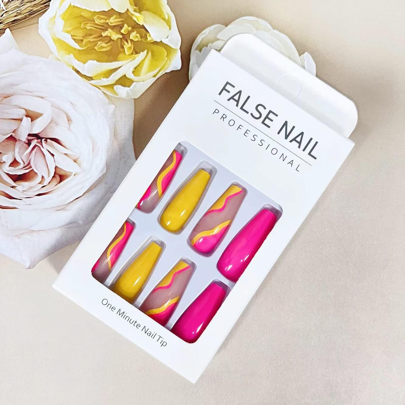 24 Pcs Acrylic Press on Nails Long Fake Nails Colorful Stripes Glue on Nails Coffin Shaped False Nails with Yellow Rose Red Color Glossy Stick on Nails for Women Girls image number 2