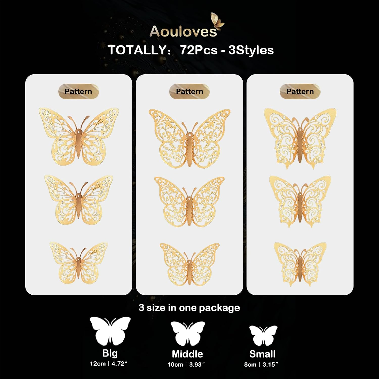 72Pcs 3D Butterfly Wall Decor Stickers, Gold Butterfly Decorations 3 Styles,Butterfly Decorations Butterfly Party Cake Decorations 3D Butterfly Stickers Decals for Girls Kids Baby Bedroom (Gold) image number 2