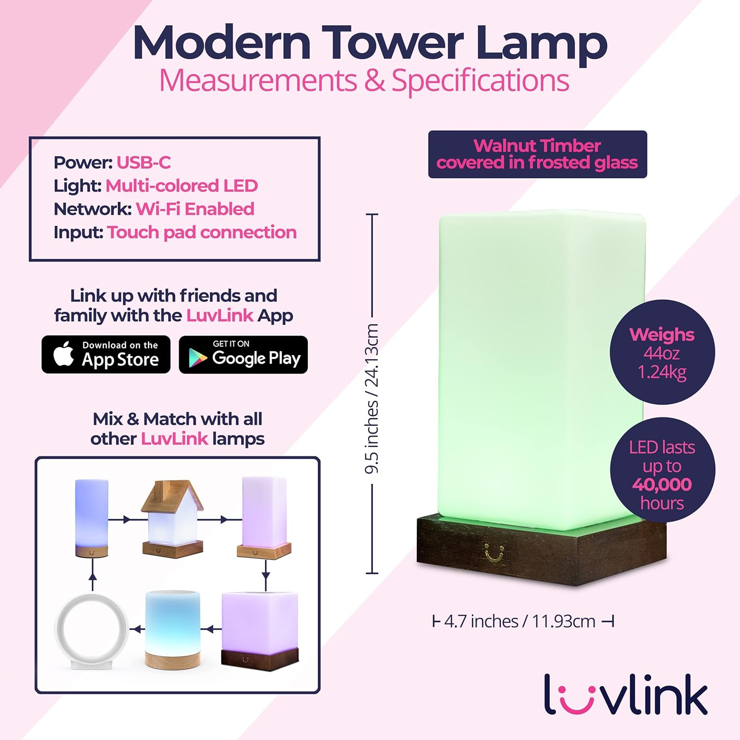 Luvlink Tower Friendship Lamp V2 Extended Wifi Range - Bluetooth Setup - Wood & Glass Design (Single, Walnut) image number 1