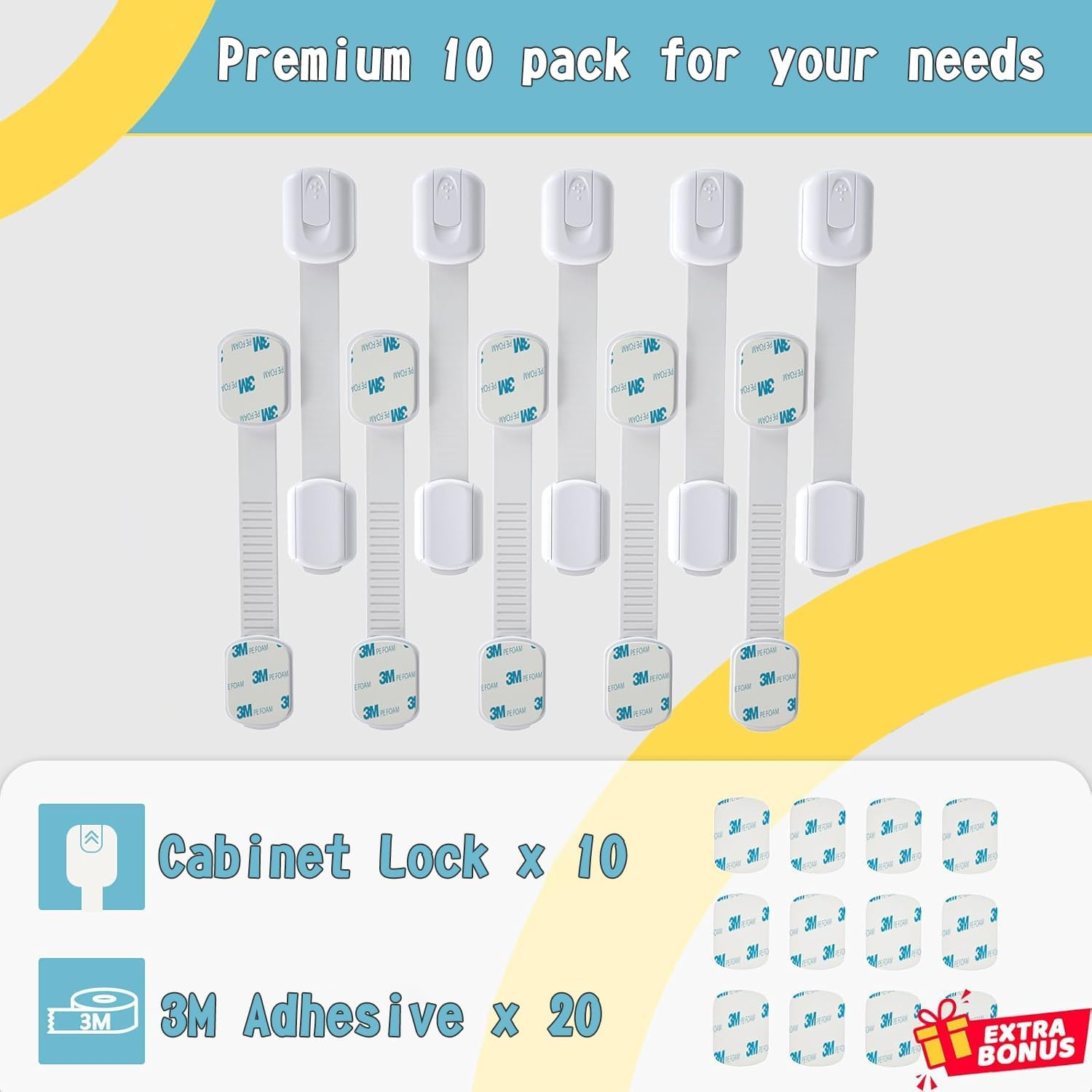 10-Pack Baby Proof Cabinet Locks, Adjustable Child Safety Locks for Drawers & Cabinets, No Tools Installation with 3M Adhesive Tape, Baby Proofing Essentials image number 5