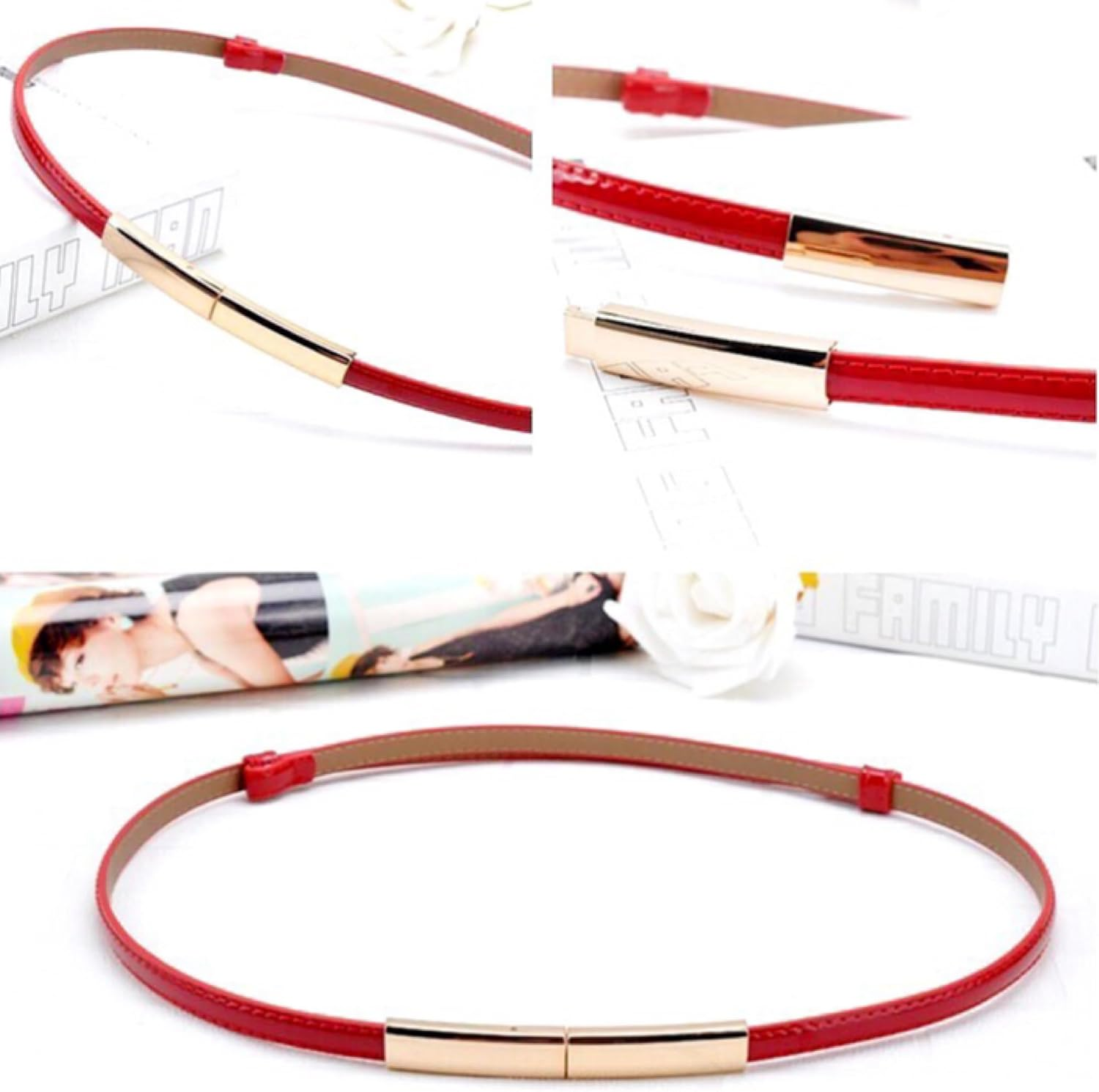 Women'S Belt Dress Fashion Patent Leather Belts Adjustable 22"- 36" Skinny Slim Belt Leather Gold Color Buckle Waistband - 2-Pack, Black  Gold image number 6