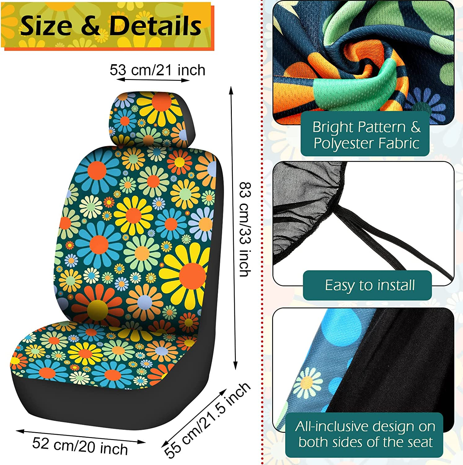 17 Pcs Hippie Flower Car Seat Cover Set Universal Car Accessories Colorful Art Floral Seat Cover Steering Wheel Cover Car Armrest Cover Cup Holder Mat Keyring Shoulder Pad Wrist Strap for Women Men image number 4