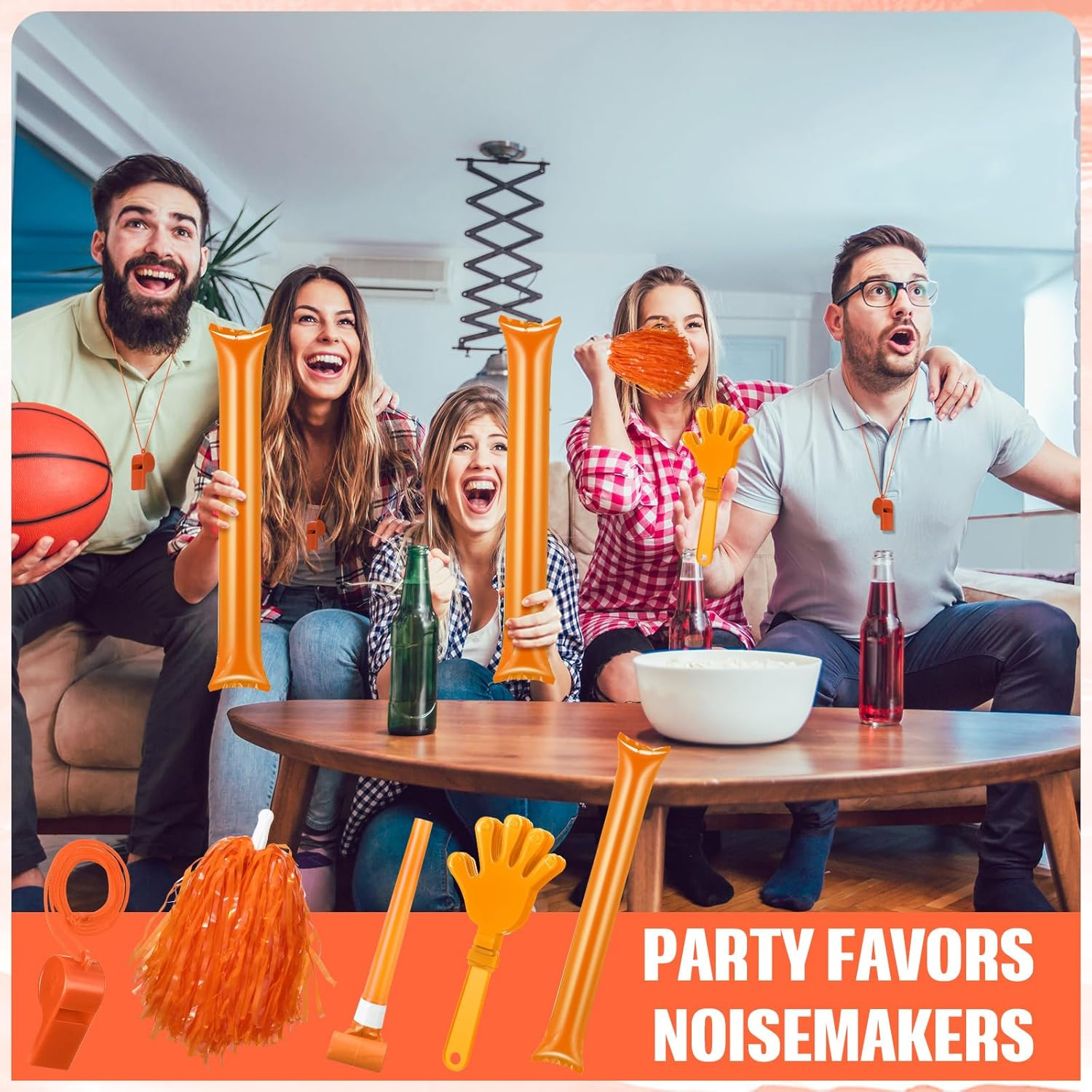 48 Pcs Cheerleading Pom Poms Thunder Sticks Hand Clappers Plastic Whistles with Lanyards Squawker Horns