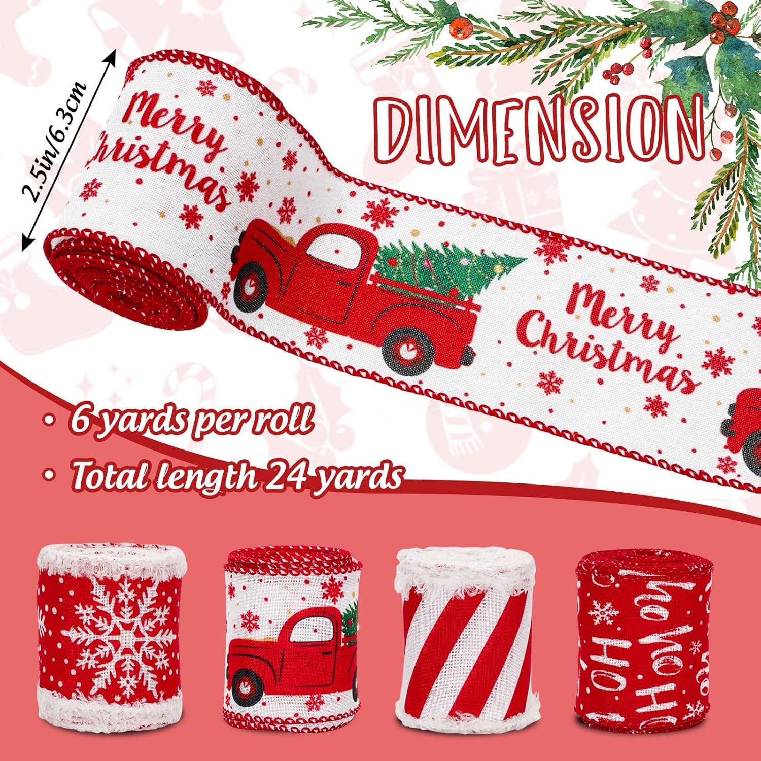 Anydesign 24 Yards Christmas Wired Edge Ribbon Red White Xmas Snowflake Truck Fabric Craft Ribbon for Wreath Bow Making Gift Wrapping, 4 Roll image number 1