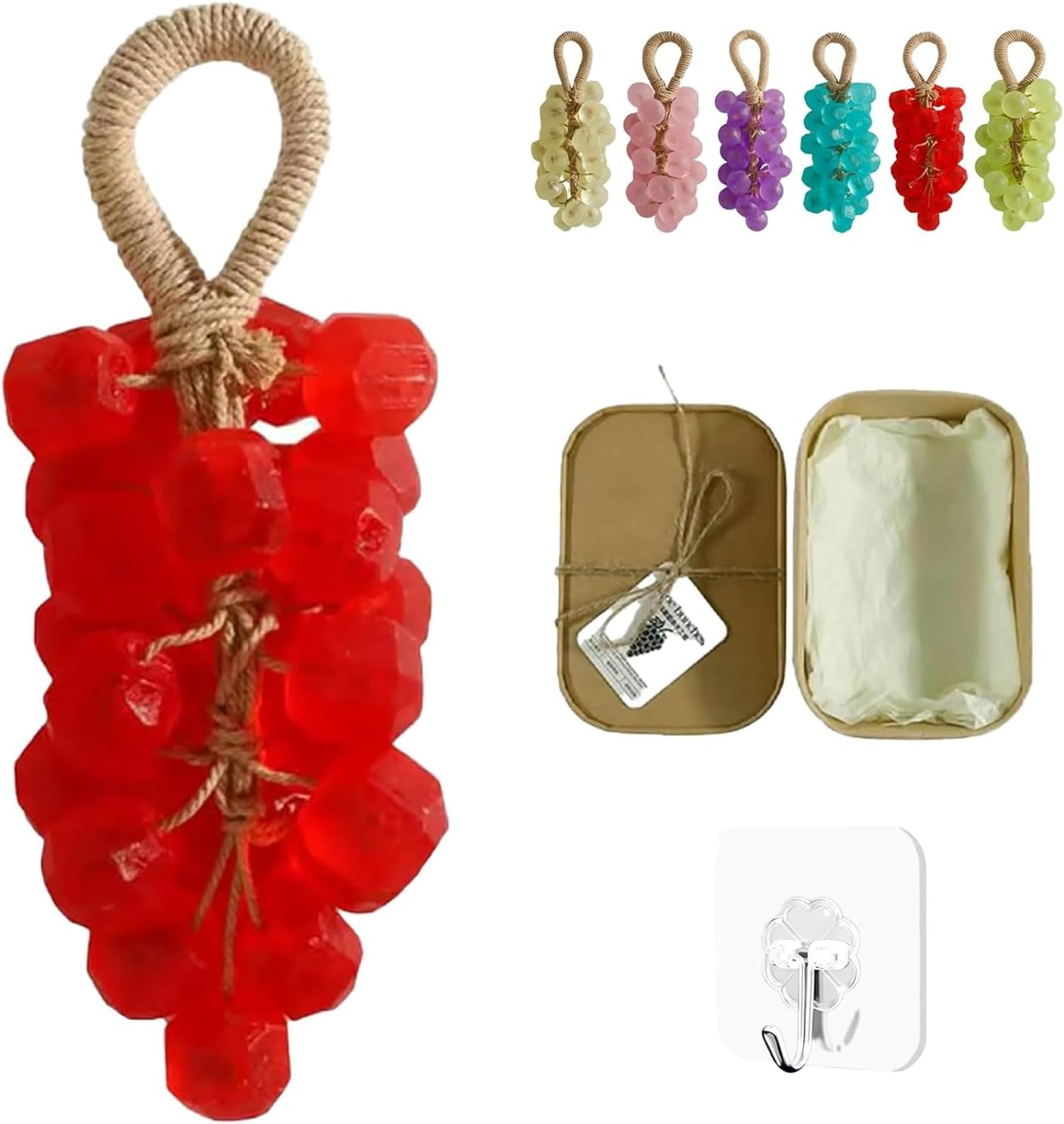 Grape Soap on a Rope, Handmade Grape Cluster Soap for Hand Face, Natural Cold Process Artisan Soaps for Washing Fresh Air, Men and Women (Red(Rose Scent)) image number 1